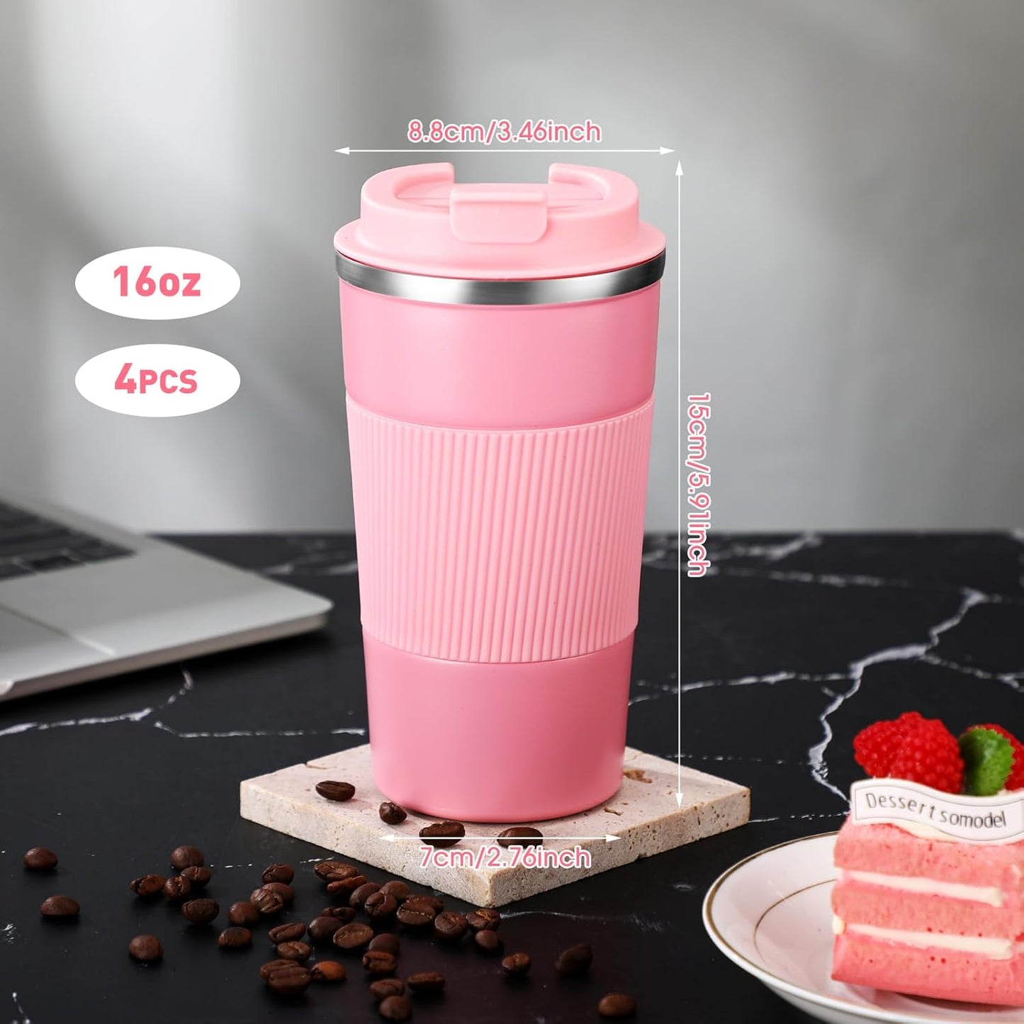 Sabary 4 Pack 16 oz Bulk Travel Coffee Mug with Lid Reusable Vacuum Insulated Coffee Tumbler Double Wall Thermal Stainless Steel Camping Tea Cup for Christmas Winter Drinks Employee Gift(Pink)