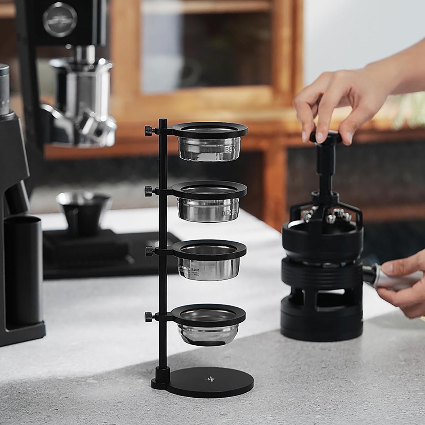 MHW-3BOMBER Magnetic Portafilter Basket Storage Stand, Espresso Filter Basket Holder Rack for 51/53/54/58mm Coffee Filter, Removable Espresso Display Bracket SR6106-OS