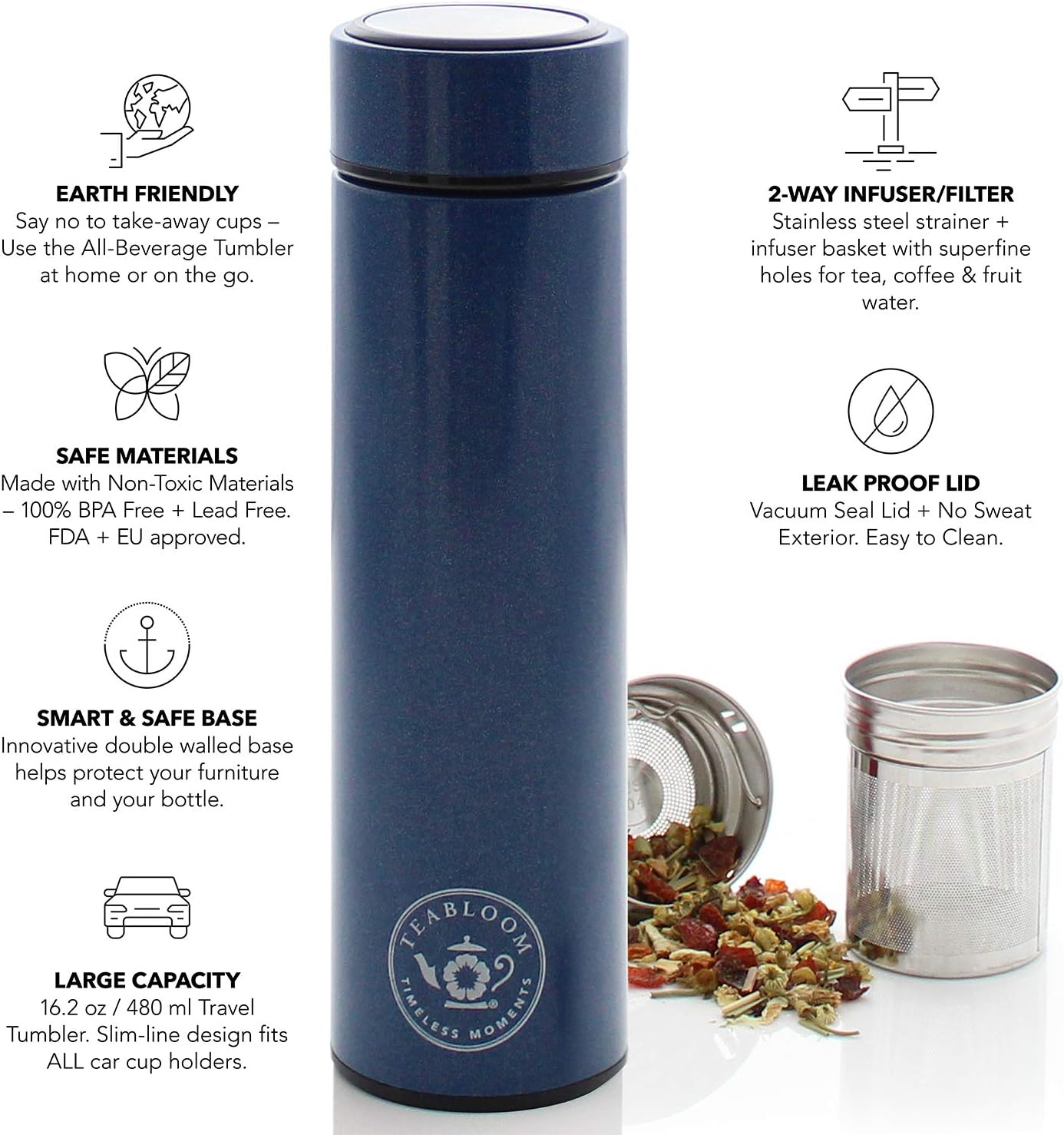 Teabloom - The ORIGINAL All-Brew Travel Tumbler & Thermos | OPRAH’s Favorite | 16oz/480ml Insulated Water Bottle/Tea Flask/Cold Brew Coffee Mug