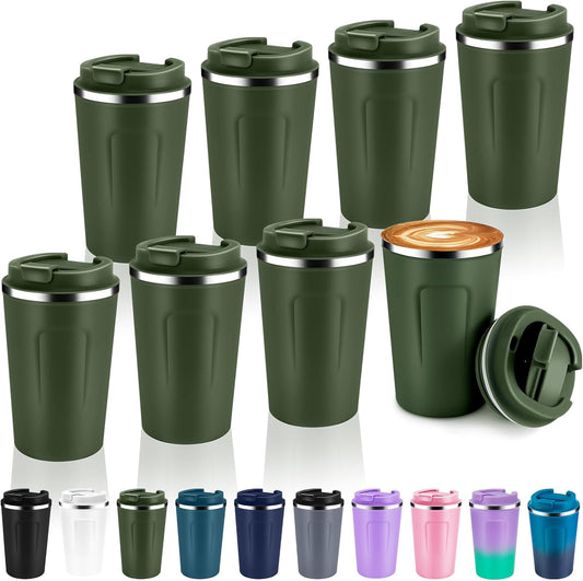 Volhoply 12 oz Double Wall Insulated Vacuum Travel Coffee Mug with Flip Lid Bulk 4 Pack,Reusable Stainless Steel Leak Proof Coffee Cup,Portable Thermal Tumbler for Hot & Cold Drinks(Army Green,8 Set)