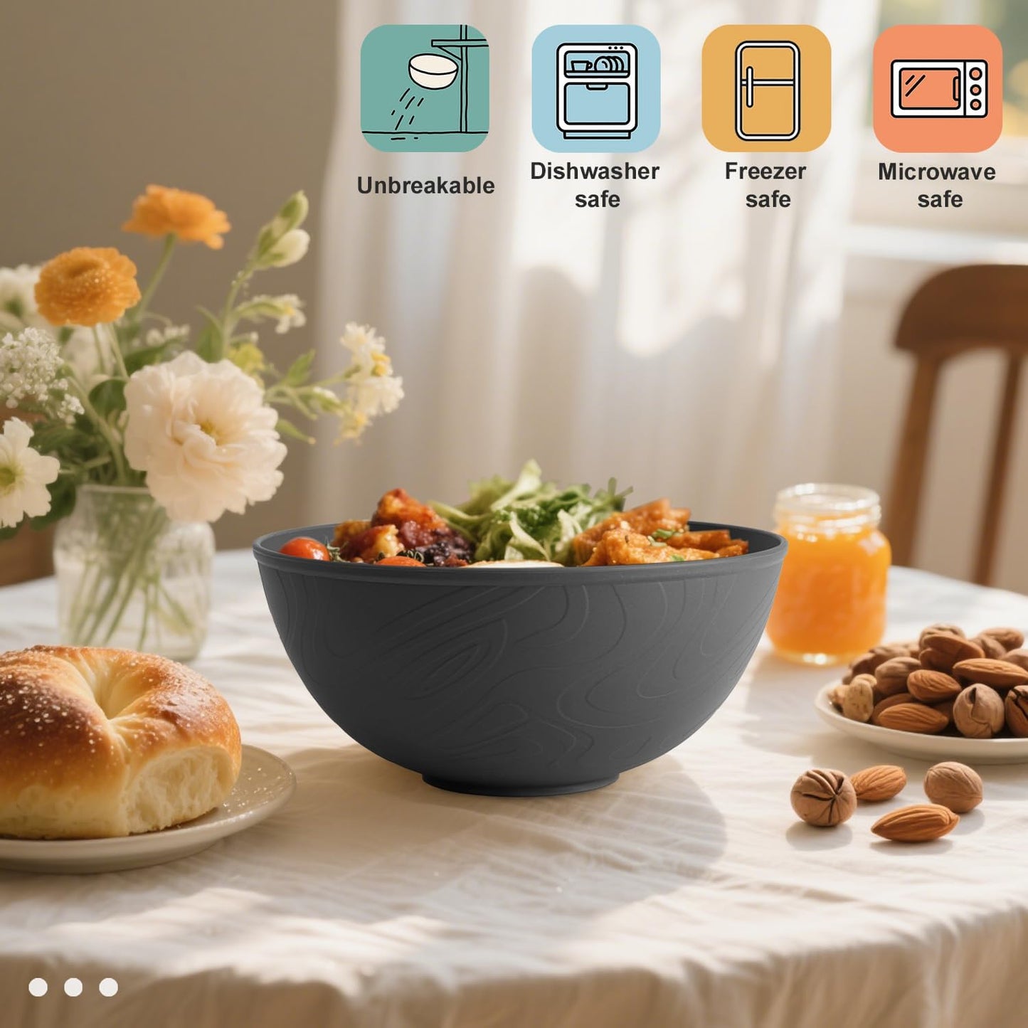 Black Cereal Bowls 40oz for Cereal Lover,Unbreakable Alternative Plastic Bowls Set of 6,Extra Thick Anti-Scald Bowl Sets suitable for Salad,Soup and Fruit.