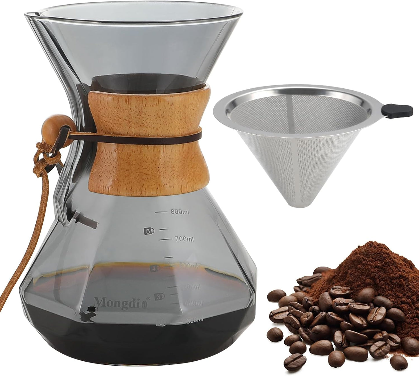 Mongdio 27 Oz Pour Over Coffee Maker with Stainless Steel Filter and Wooden Collar Holder, Borosilicate Glass Coffee Maker for Camping Home, 800ML/27OZ, Gray