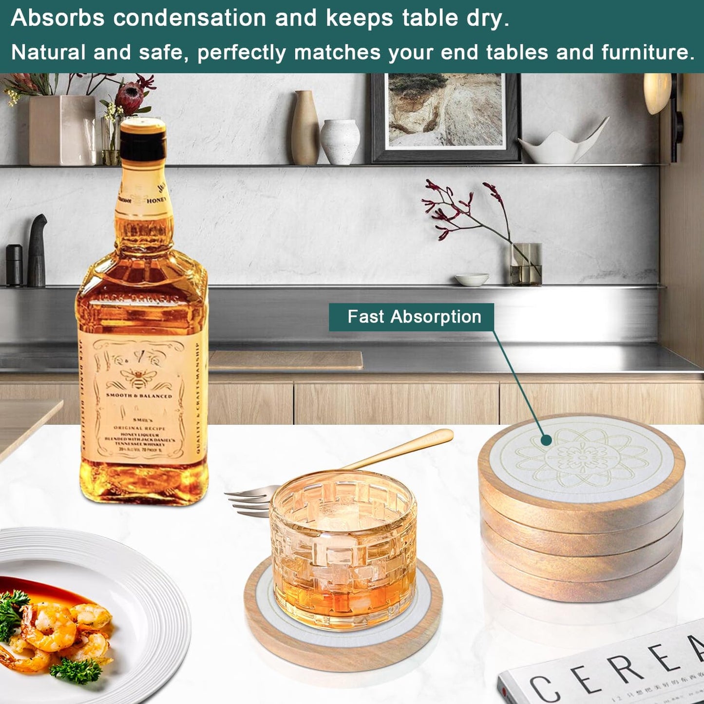 5 Pack Wood Coasters for Drinks, Minacun Absorbent Coaster Set, Drinks Coasters for Coffee Tabletop Protection, Non-Slip, Non-Stick, Suitable for Kinds of Cups Wooden Table Drink, 4.3 Inch White