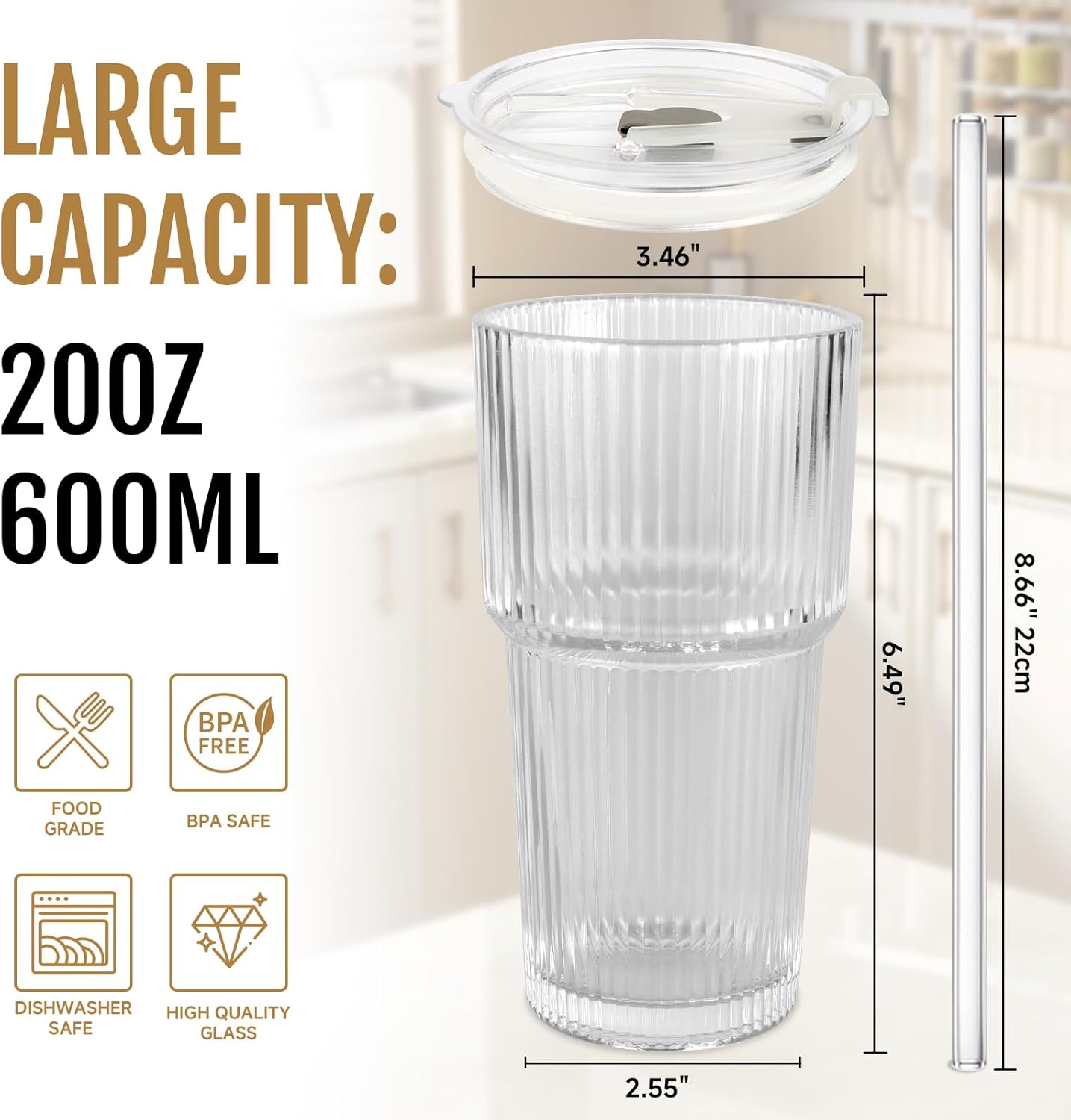 20oz Ribbed Glass Cups with Lids and Straws, Vintage Glass Tumbler with Straw, 2 Piece Iced Coffee Cups Set, Thicked Wall Drinking Glasses Ideal for Coffee, Smoothies, Juices Matchas