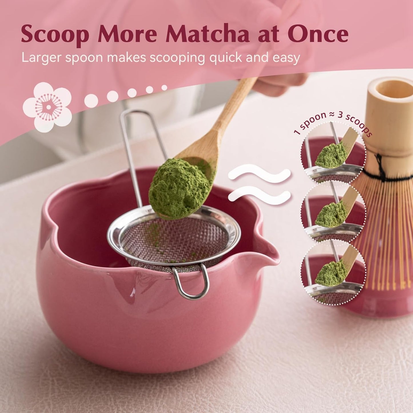 Matcha Set, 8Pcs Floral Ceramic Matcha Set with Matcha Whisk, Holder, Scoop, Scoop Rest, Sifter, Spoon and Tea Towel - Thoughtful Matcha Whisk Set Gift for Matcha Lovers (Pink)