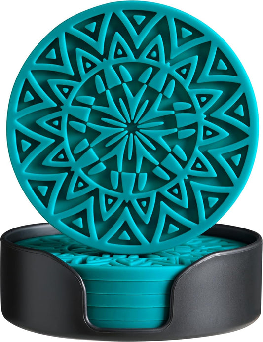 Set of 6 Teal Silicone Coasters with Holder, Drink Coasters with Tribal Pattern Shape- for Table Protection, Anti Slip, Nonstick, Heat Resistant, Deep Tray