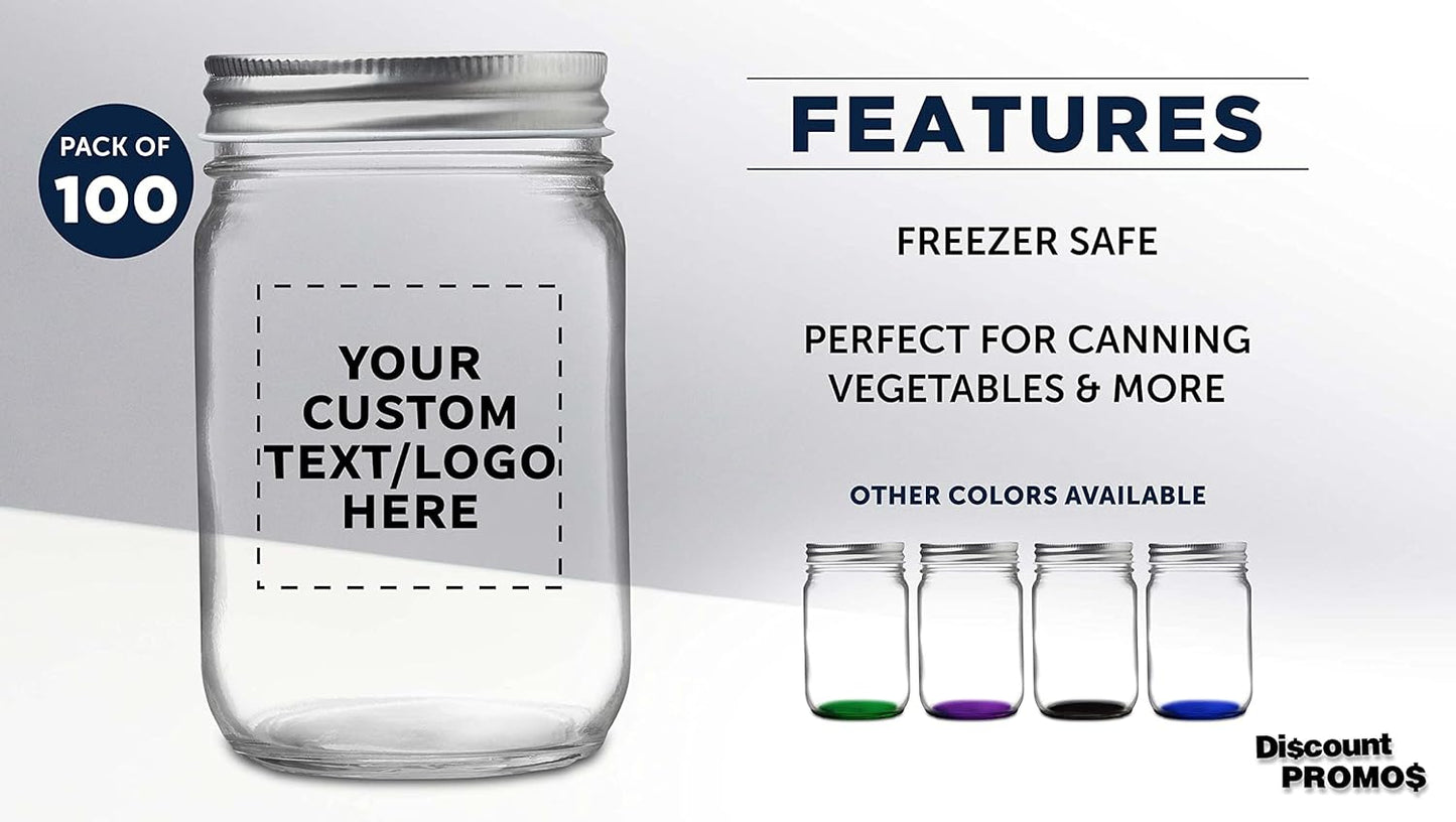DISCOUNT PROMOS 100 Decorating Mason Jars Set, 12 oz. - Customizable Text, Logo - Canning, Aluminum Lid - Clear