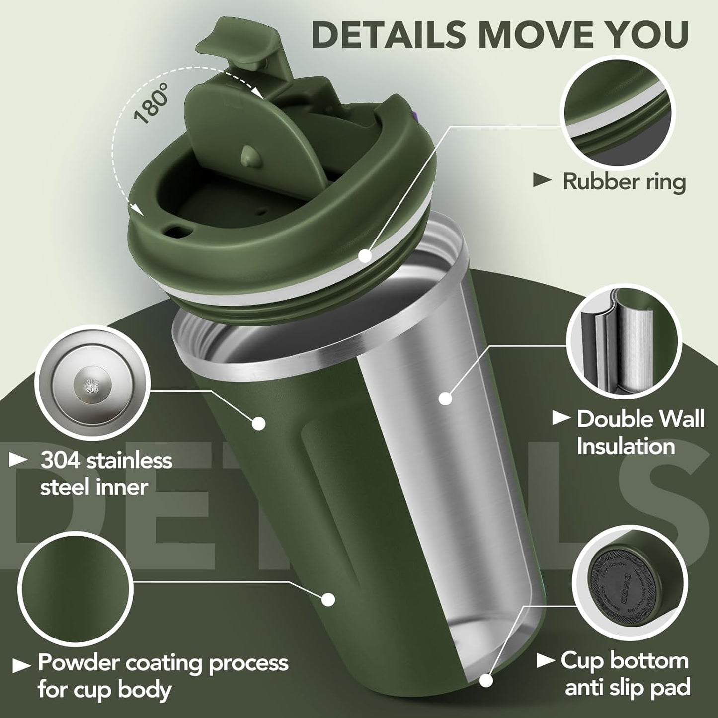 Volhoply 12 oz Double Wall Insulated Vacuum Travel Coffee Mug with Flip Lid,Reusable Stainless Steel Leak Proof Coffee Cup,Portable Cafe Thermal Tumbler Suitable for Hot&Cold Drinks(Army Green,1 Set)