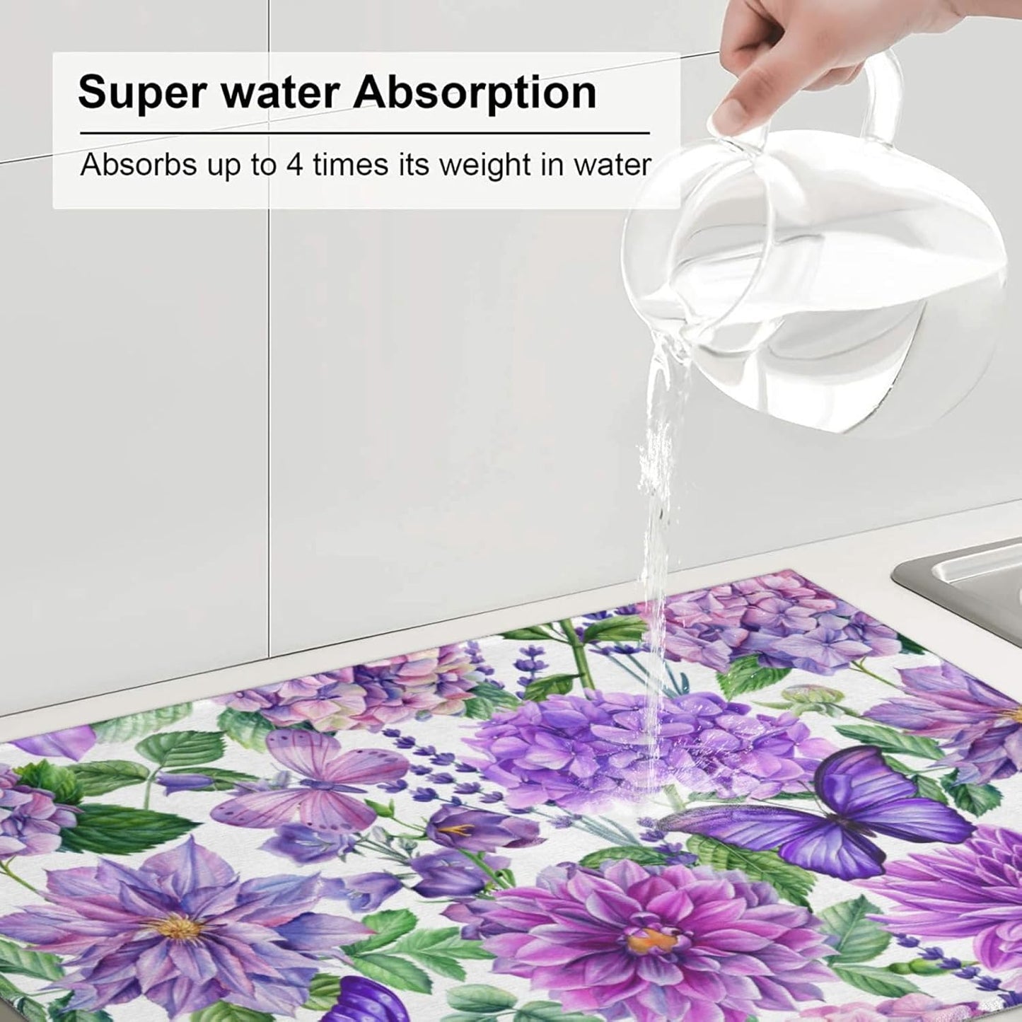 Purple Hydrangea Flowers Dish Drying Mat,Butterfly Floral Drying Rack Pad Countertop Dishes Ultra Absorbent Microfiber Kitchen Counter Mat for Coffee Countertop Decor 18x24 Inch