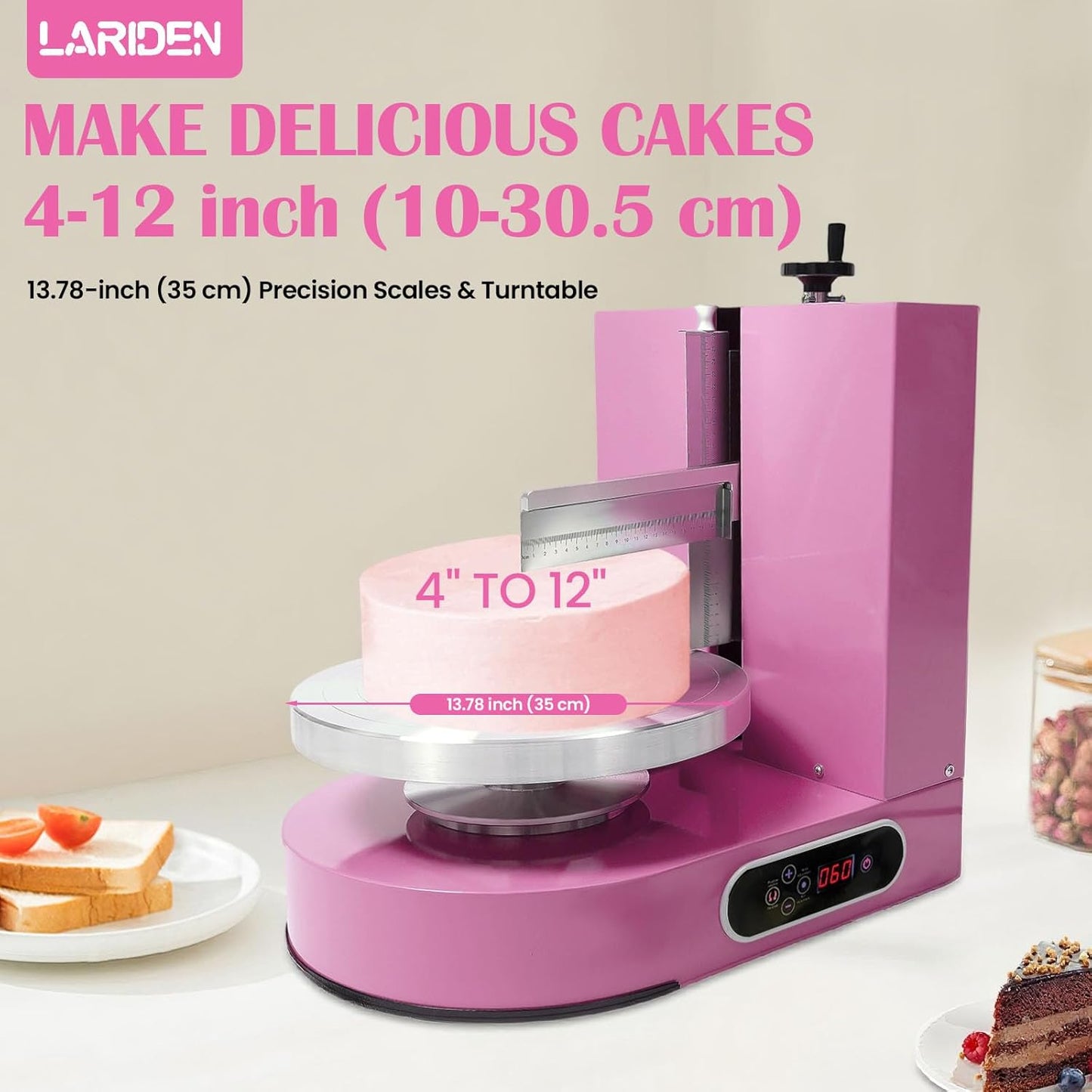 Cake Decorating Machine 200W Automatic, Tabletop Cake Cream Frosting Machine, Cream Smooth Coating Decoration Machine with LCD Display Type, Use for Cake Shops, Dessert Shops, Households (Pink)