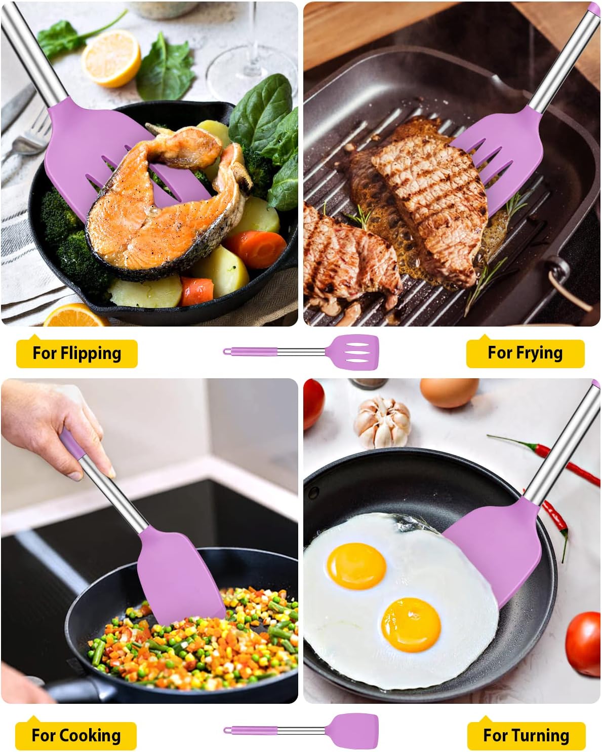 Pack of 2 Silicone Solid Turner, Non Stick Slotted Kitchen Spatulas, High Heat Resistant BPA Free Cooking Utensils, Ideal Cookware for Fish, Eggs, Pancakes(Purple)