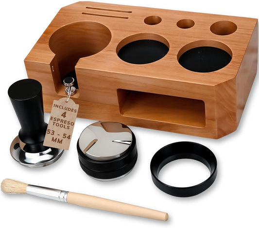 Espresso Tamping Station With Tools - 51, 53, 54 mm - Includes Coffee Tamper, Distributor, Dosing Funnel & Brush - Wooden Coffee Tamper Station - Espresso Organizer & Portafilter Holder