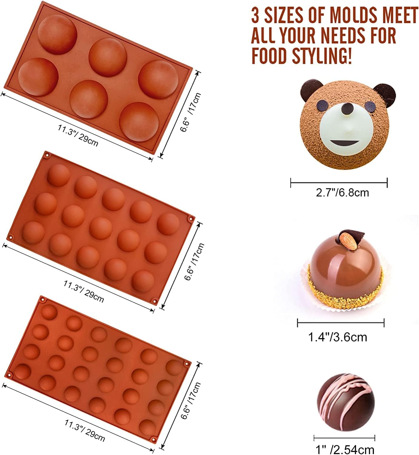 Semi Sphere Silicone Mold, Silicone Chocolate Molds,3 Packs Baking Molds for Making Chocolate, Cake, Jelly, Dome Mousse (6 Cups, 15 Cups and 24 Cups)