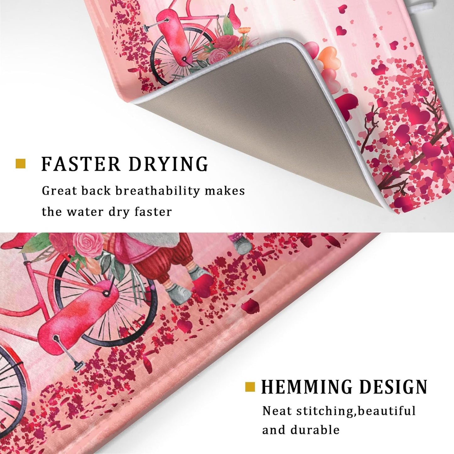 Pink Heart Valentine's Day Gnomes Dish Drying Mat for Kitchen Counter,Pink Bicycle Love Tree Drying Mat 18 x 24 Inch with Absorbent Reversible Microfiber Dish Drying Pad Dish Rack Pad for Coffee Bar