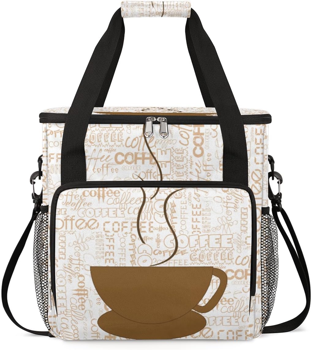 Coffee Cup Coffee Maker Carring Bag Coffee Texts Travel Carrying Storage Tote Bag Compatible with Keurig K-Mini or K-Mini Plus Portable Single Serve Coffee Brewer Case with Pockets for K-cup Pods