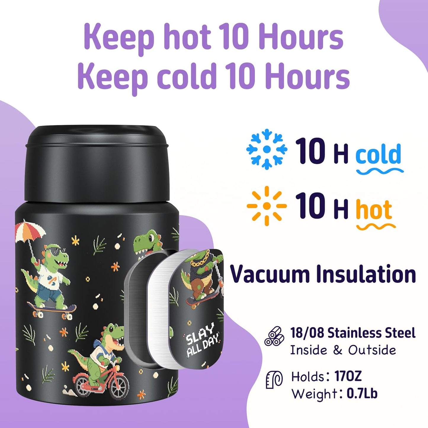 2-Pack Stainless Steel Vacuum Insulated Food Jar with Spoon, Soup Thermo Hot & Cold for Kids & Adults, Leakproof Insulated Lunch Containers with Carry Bag, 17oz.(Black-Dinosaur)