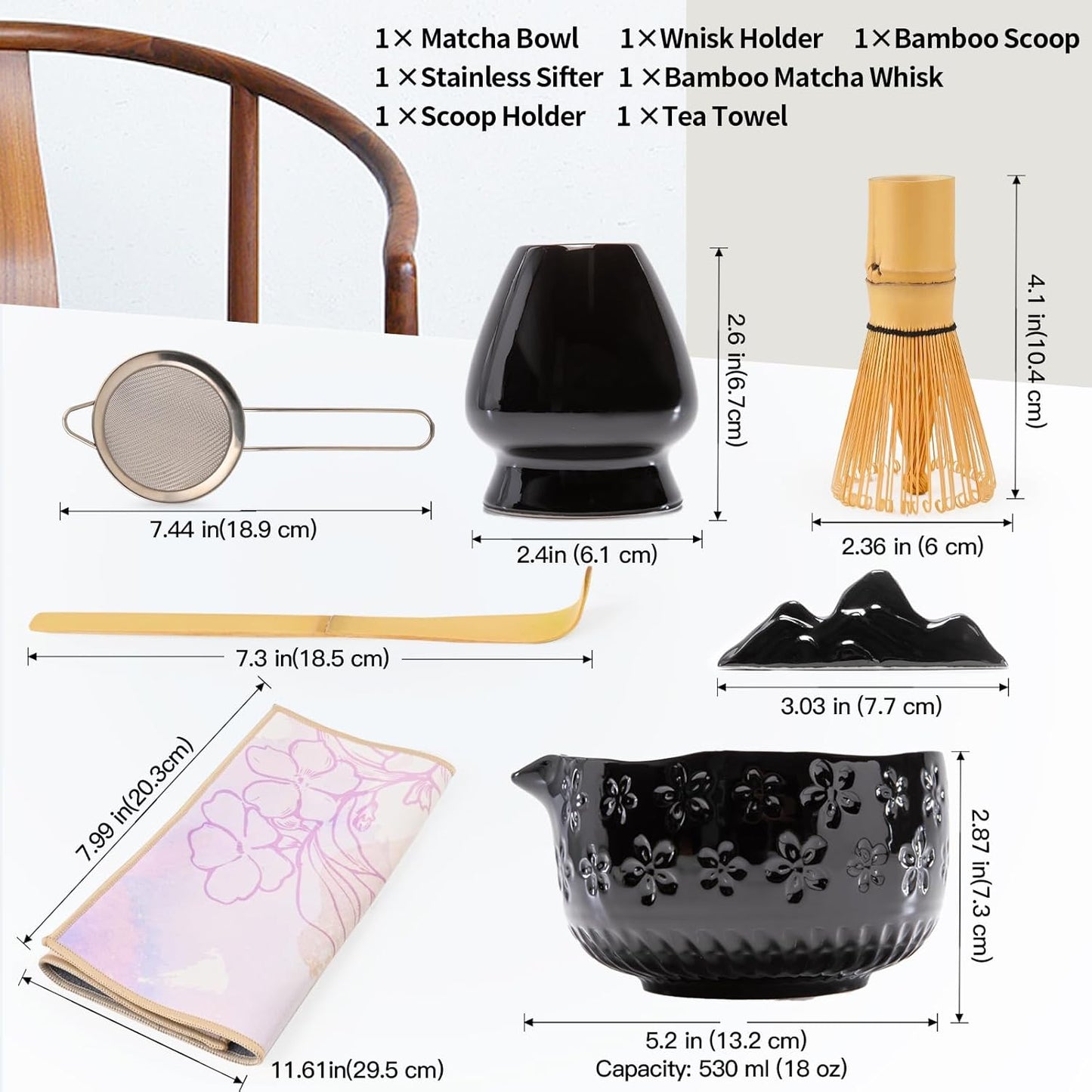 Matcha Whisk Set - Traditional Japanese Handmade Bamboo Matcha Whisk and Holder, Matcha Bowl,Bamboo Scoop, Scoop Rest, Sifter and Tea Towel (Black)