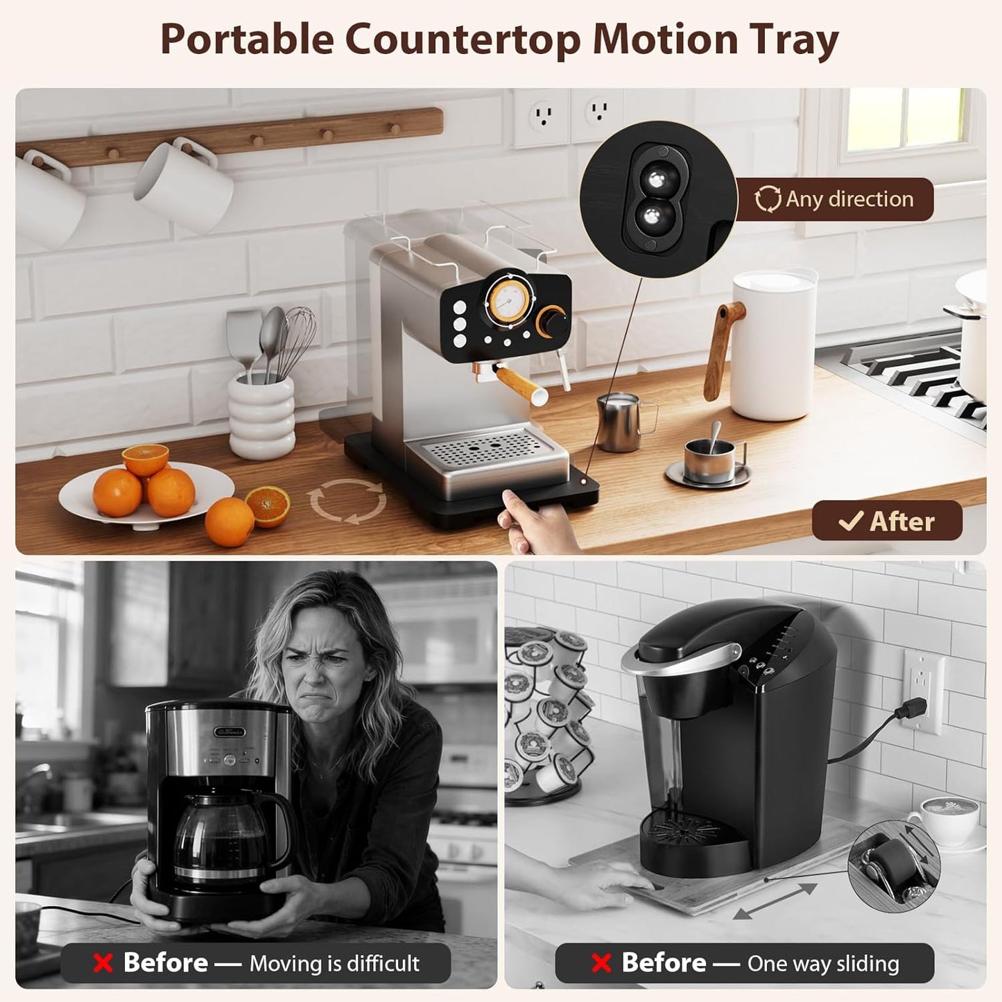 GuanQiao 360° Rotation Appliance Slider for Coffee Maker & Heavy Kitchen Appliance, Bamboo Rolling Tray for Kitchen Counter, Sliding Tray with Premium Wheels (Black, 15.7"×13")