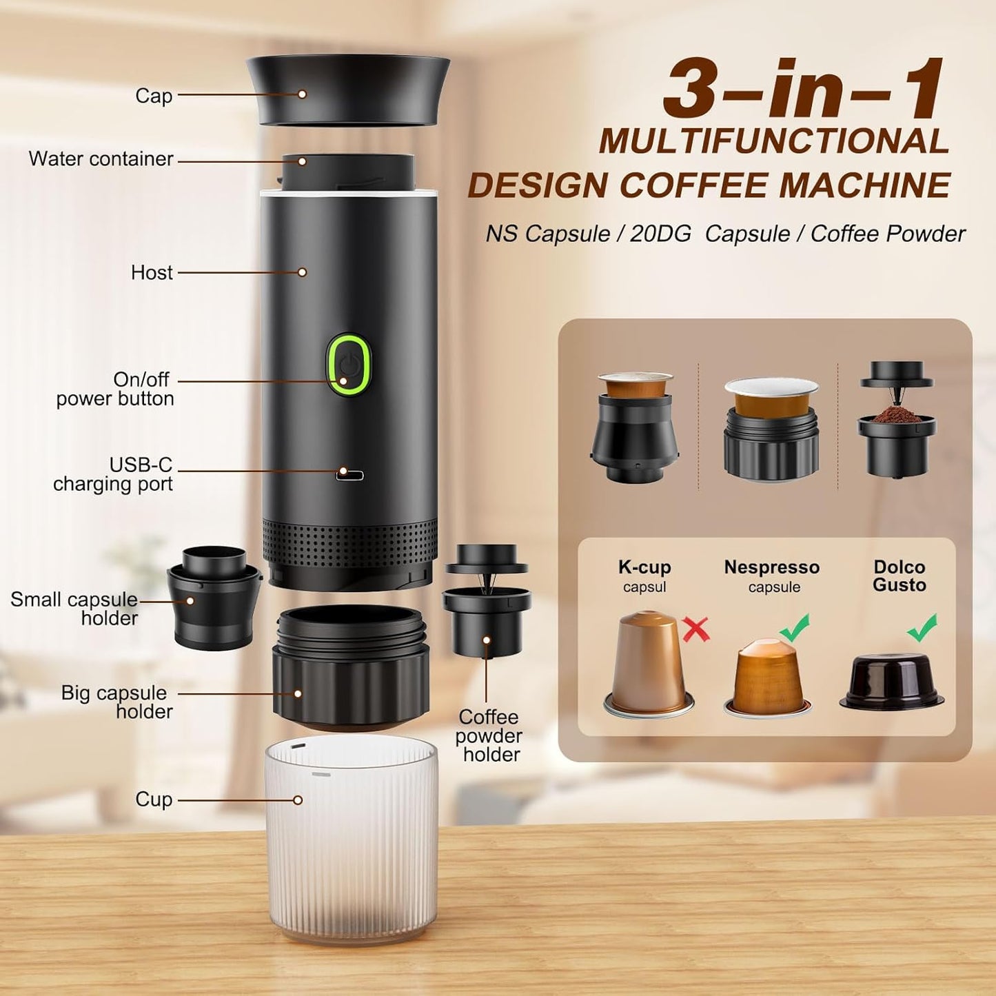 Portable Battery Espresso Coffee Maker for Travel, 20 bar Mini Car Espresso Machines, 3-in-1 Self-Heating Electric Espresso Maker, USB-C Ground Coffee & Capsule Pod(Ns&DG) RV, Hiking, Office