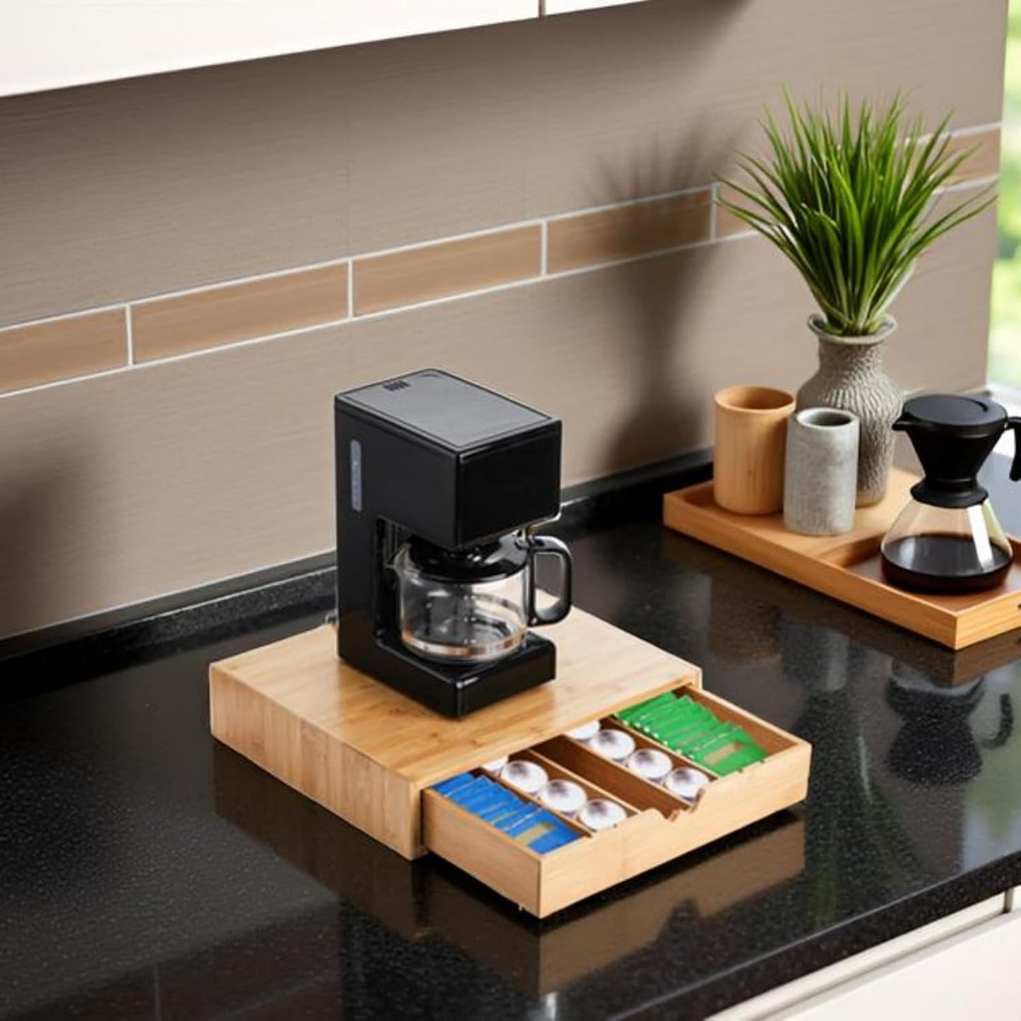 Peohud Bamboo Coffee Pod Drawer, Espresso Coffee Capsule Holder with 5 Adjustable Compartment, Tea Bag Storage Organizer for Kitchen Counter Office