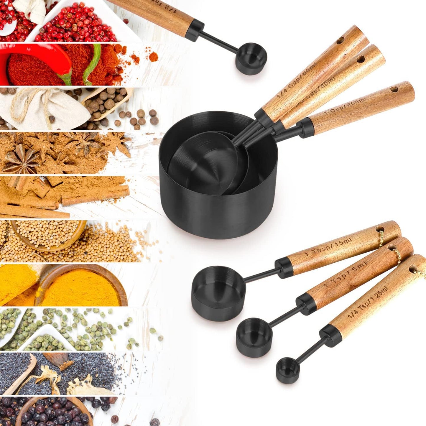 Collection 8 Piece Black Measuring Cups Set and Measuring Spoons, Golden With fragrant wood Handles-Complete Set of Measure Cups and Spoons For Cooking and Baking.
