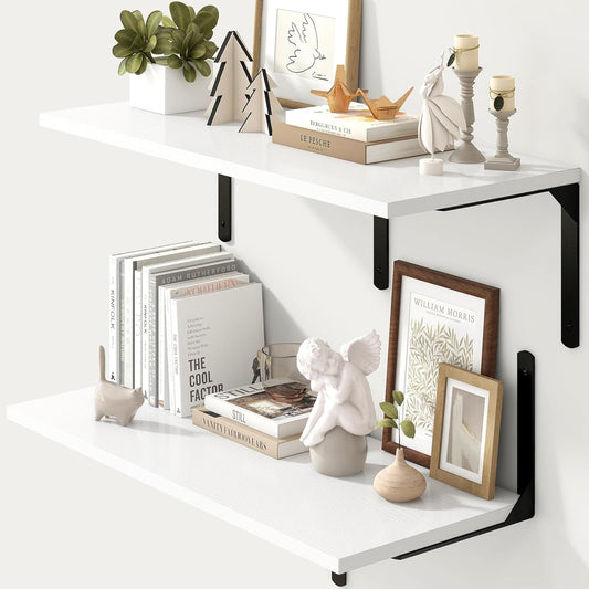 Fun Memories Floating Shelves for Wall, 12 Inch Deep Floating Shelves Set of 2, Wall Mounted Shelf with Metal Brackets, Rustic Wood Wide Shelf for Bathroom, Kitchen and Living Room, White, 32W x 12D