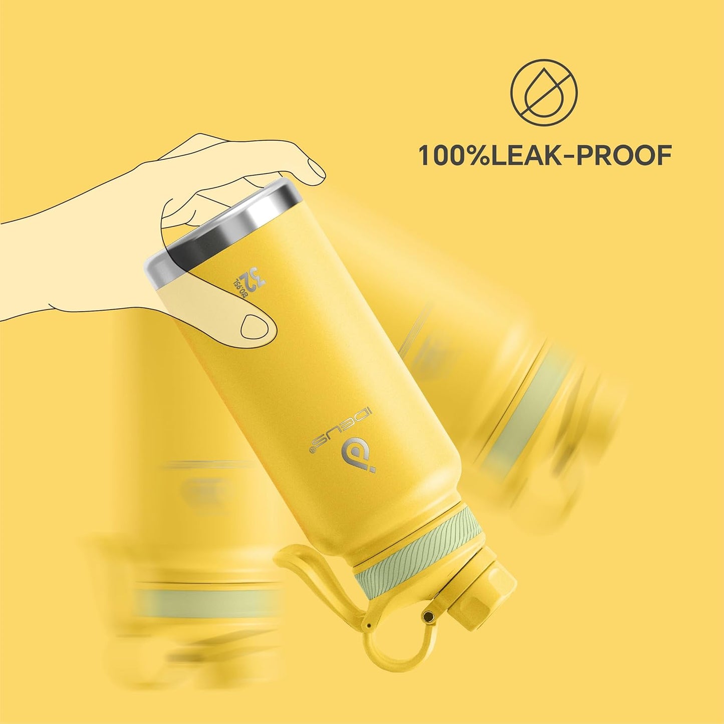 IDEUS Insulated Stainless Steel Water Bottle with 2 Leak-Proof Lids, Thermal Water Flask for Hiking Biking, 32oz, Bright Yellow