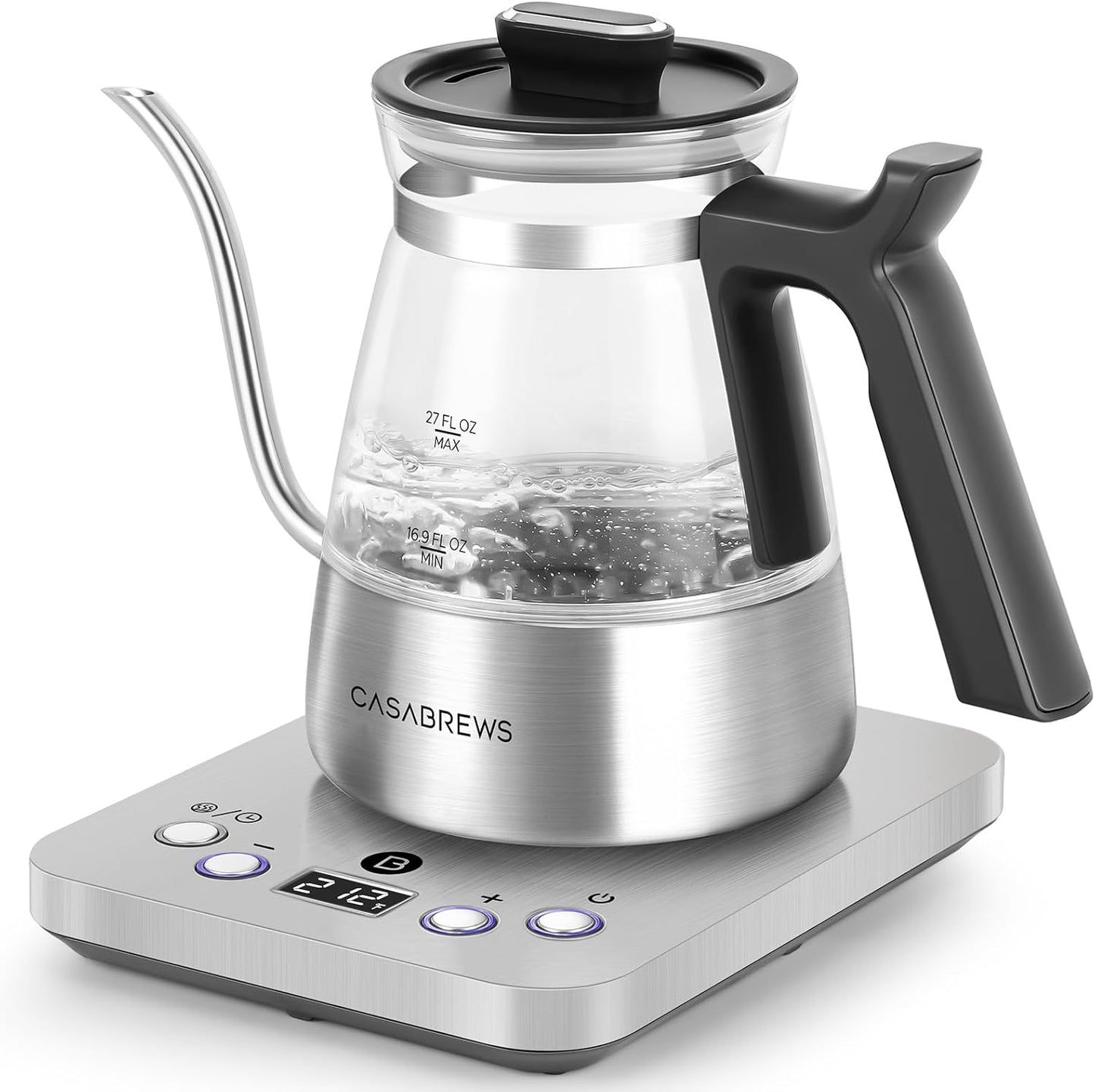 CASABREWS KEG5831 Gooseneck Electric Kettle, Stainless Steel Glass with Temperature Control & Reservation Time Function, Pour Over Kettle for Coffee & Tea, Fast Boiling, Auto Shut-Off, 1200W/0.8L