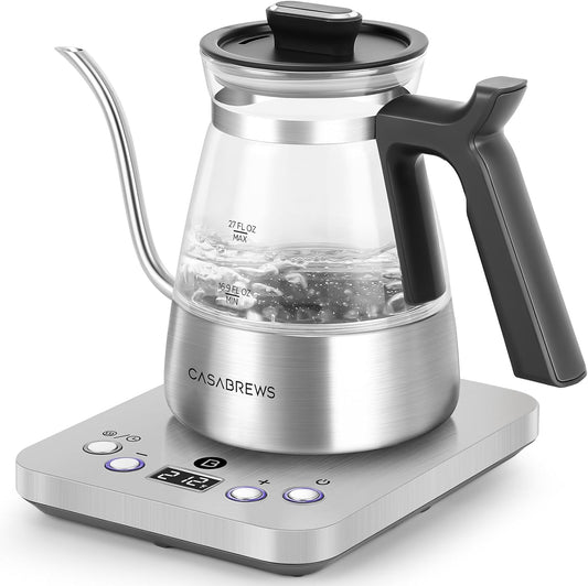 CASABREWS KEG5831 Gooseneck Electric Kettle, Stainless Steel Glass with Temperature Control & Reservation Time Function, Pour Over Kettle for Coffee & Tea, Fast Boiling, Auto Shut-Off, 1200W/0.8L