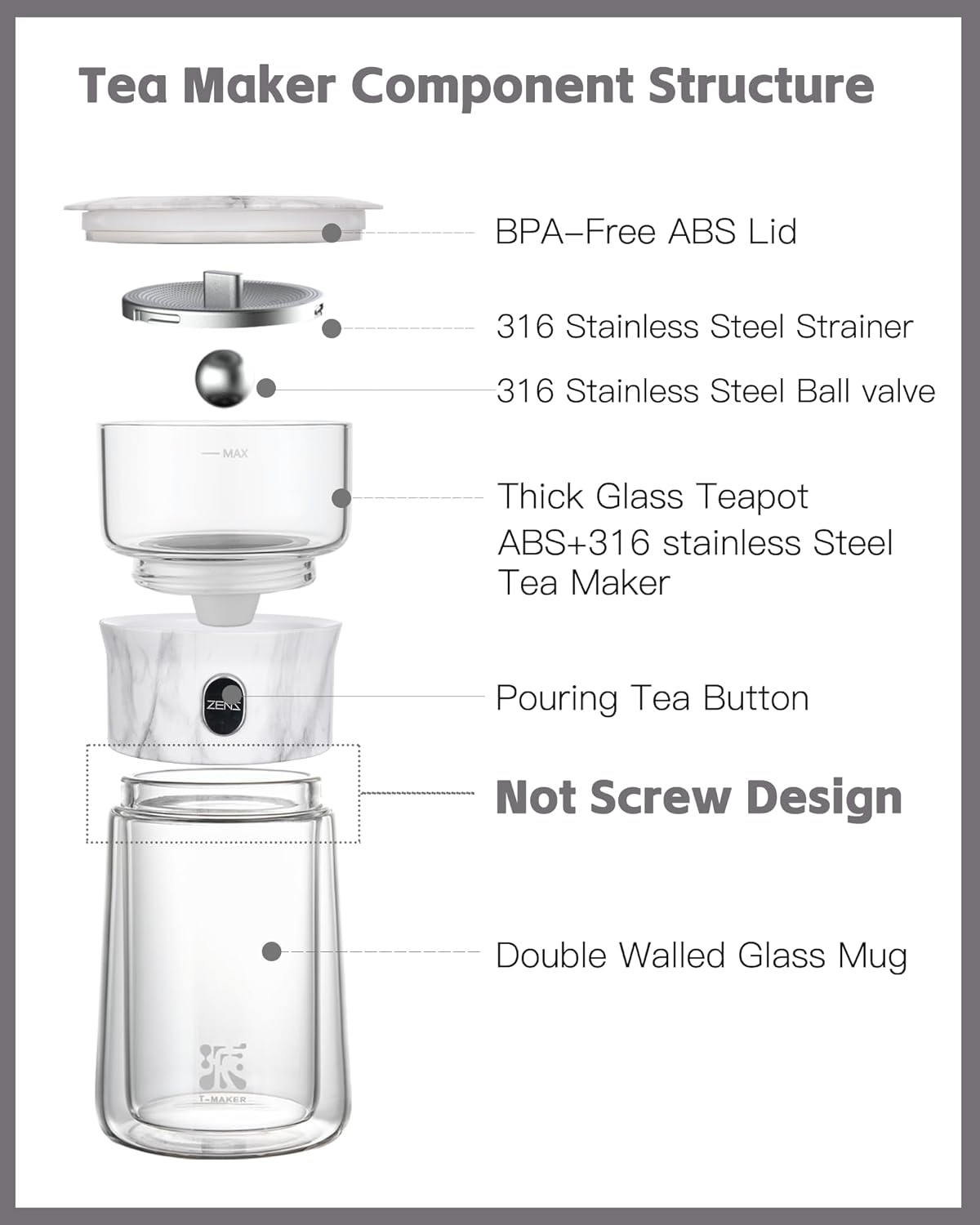 ZENS Modern One Touch Tea Maker, Glass Teapot with Infuser for Loose Leaf Tea Diffusers, Mess-Free Smart Pouring with Insulated Mug and Portable Tea Kits for Tea Lover Gifts