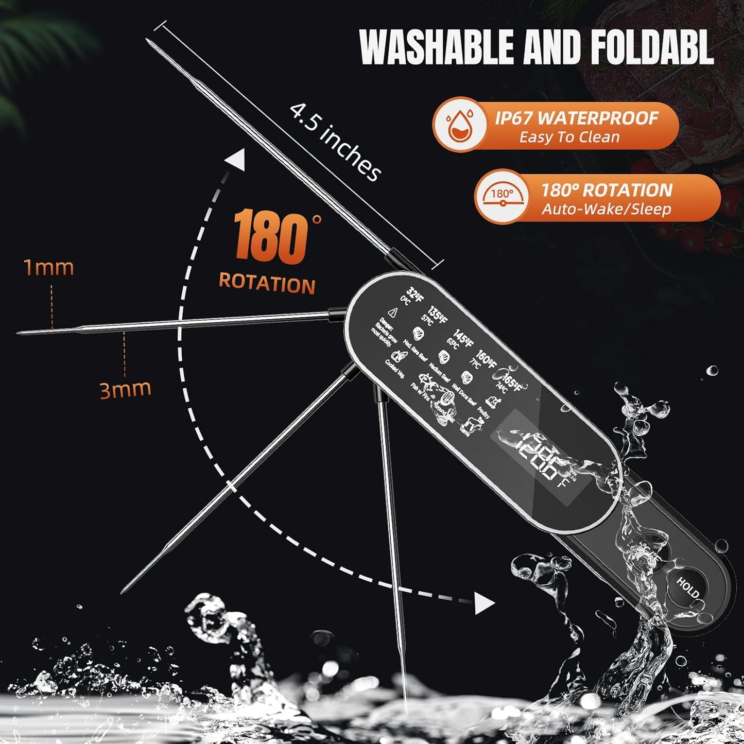 3X Faster 0.5s Instant Read Meat Thermometer, 2025 Rechargeable ±0.5℉ NIST Certified Wireless Food Thermometer, Waterproof, Auto Wake/Sleep, Rotation Display & Temp Lock for BBQ, Candy, Grill