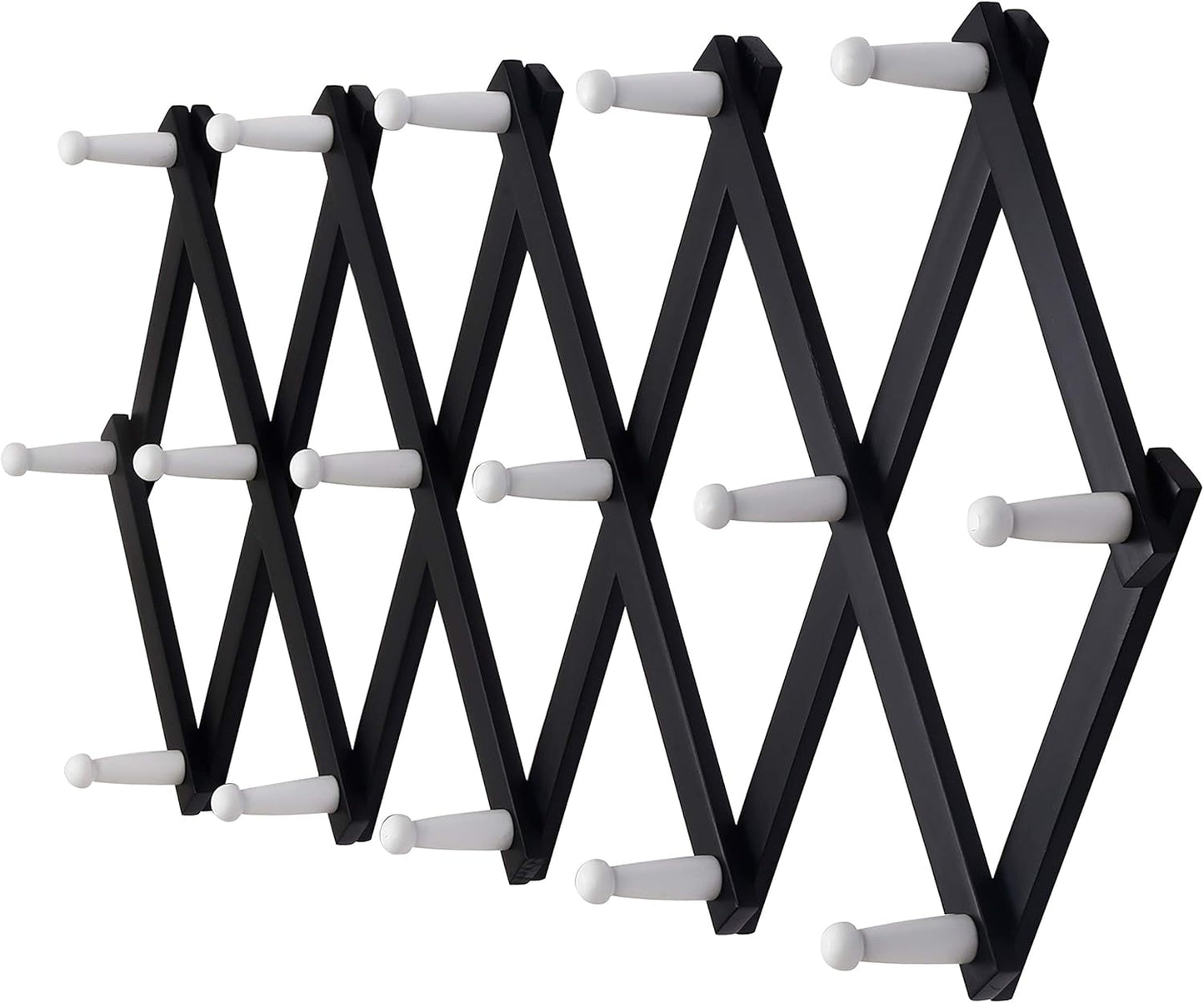 Dseap Accordian Wall Hanger: Wooden Coat Rack Wall Mounted, Hat Racks for Baseball Caps, Mug Rack, 16 Peg Hooks, Black & White