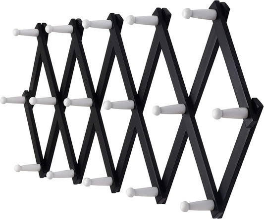 Dseap Accordian Wall Hanger: Wooden Coat Rack Wall Mounted, Hat Racks for Baseball Caps, Mug Rack, 16 Peg Hooks, Black & White