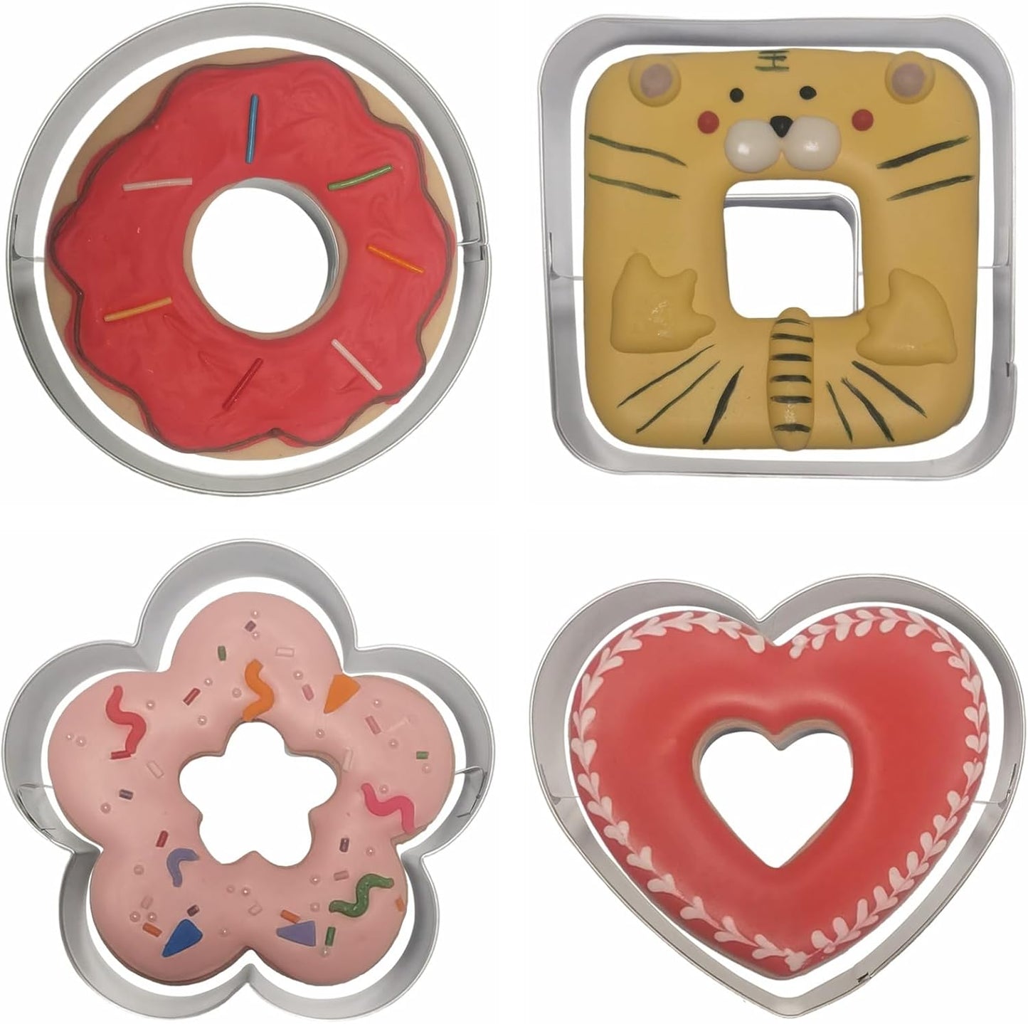 Large Size Donut Design Cookie Cutters Set of 4 pcs, Stainless Steel 4 Shapes Cream-filled Doughnut Fondant Cutter Molds Baking DIY (Round + Square + Heart + Flower)