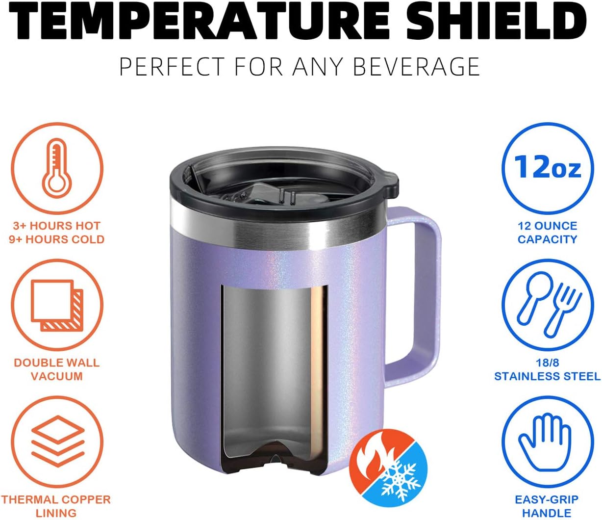 ALOUFEA 12oz Stainless Steel Insulated Coffee Mug with Handle, Double Wall Vacuum Travel Mug, Tumbler Cup with Sliding Lid, GLITTER LAVENDER