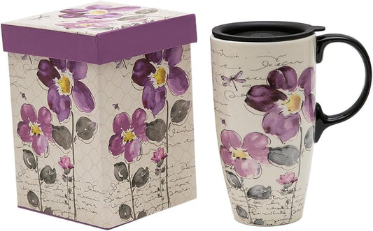Topadorn Tall Ceramic Travel Mug 17 oz. Coffee Cups Sealed Lid With Color Box (Purple Flower)
