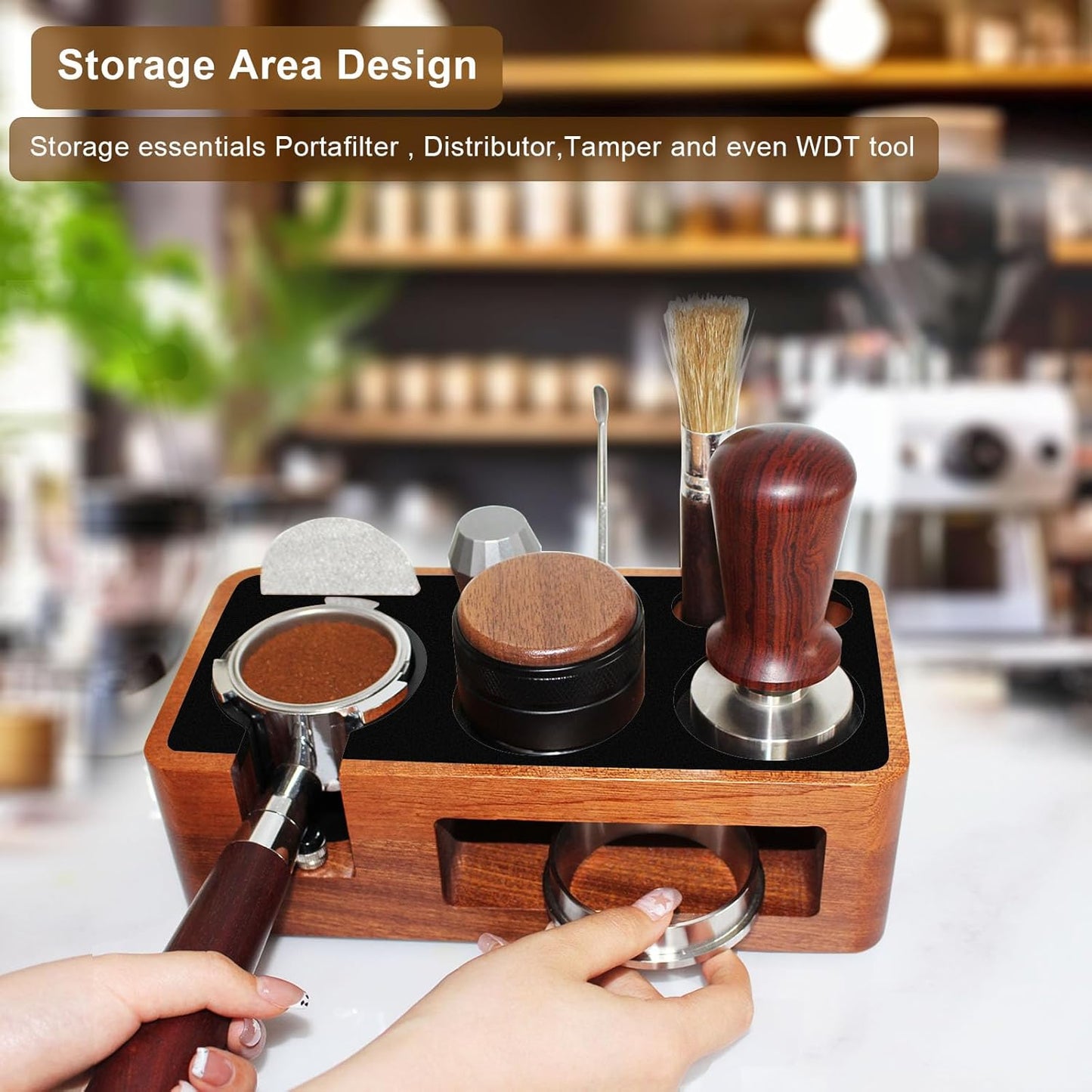 Espresso Tamping Station,9 in 1 Espresso Station,Multifunctional Tamper Station Fit for 51/54mm Espresso Accessories,Wooden Espresso Station,Adjustable Height Portafilter Holder (Red Black, 51mm-58mm)
