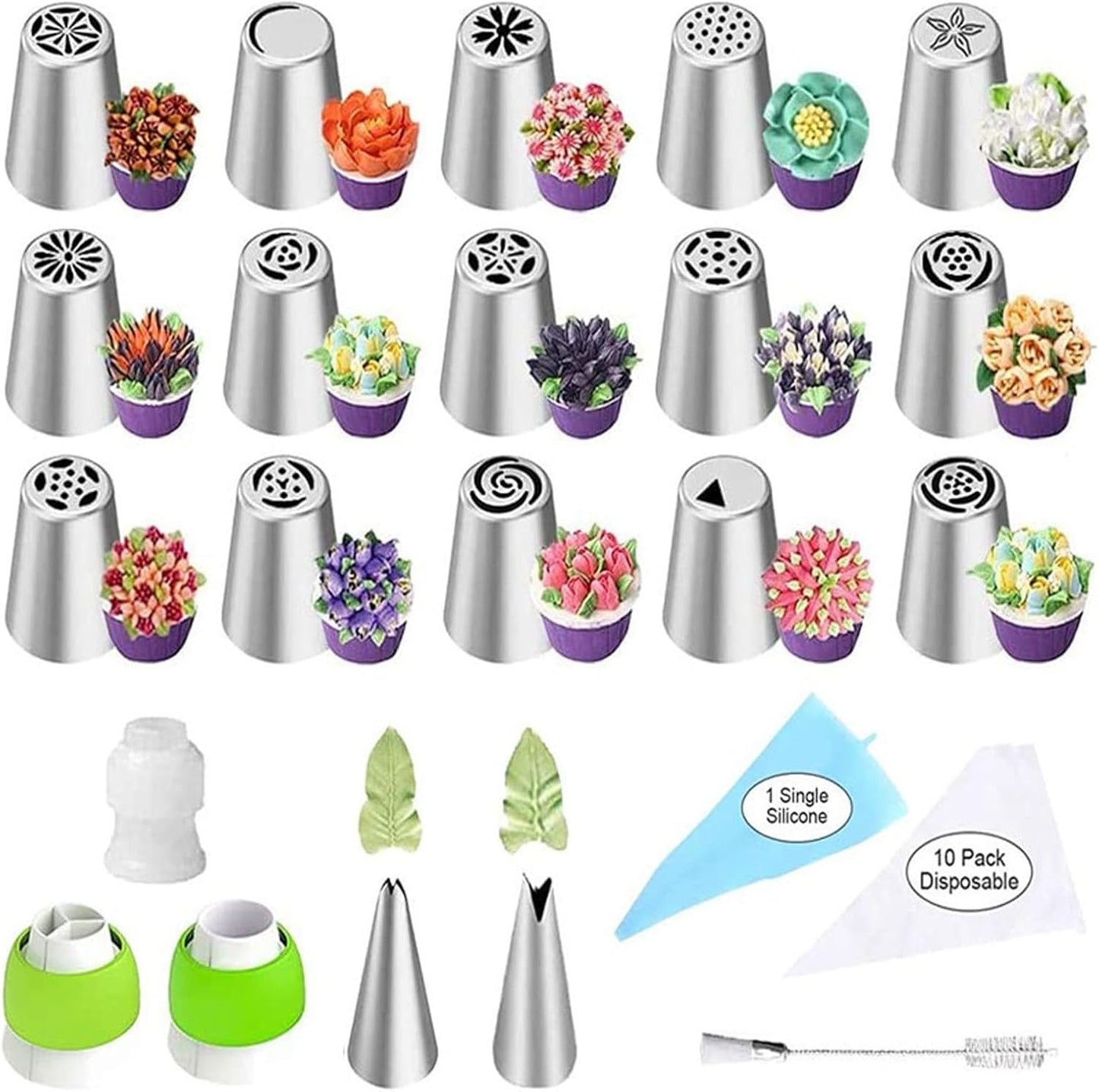 32-Piece Russian Piping Tips Set, Cake Decorating Kit with 17 Frosting Nozzles, Reusable Piping Bags, and Baking Supplies for Cupcakes, Cookies, Cakes - Idael for Bakers & Beginners