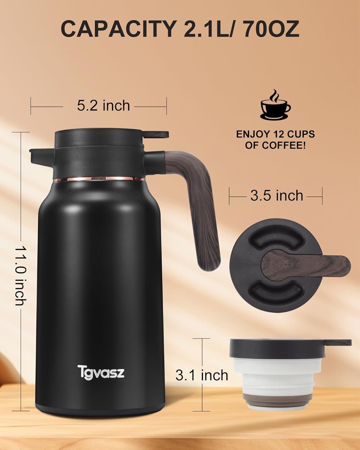2 PCS Thermal Coffee Carafe 70 oz - 36 Hour Hot Stainless Steel Carafes for Hot Liquids-Insulated Coffee Carafes For Keeping Hot/Cold Coffee, Tea, Water, Drink Dispenser for Parties(Black/Black)