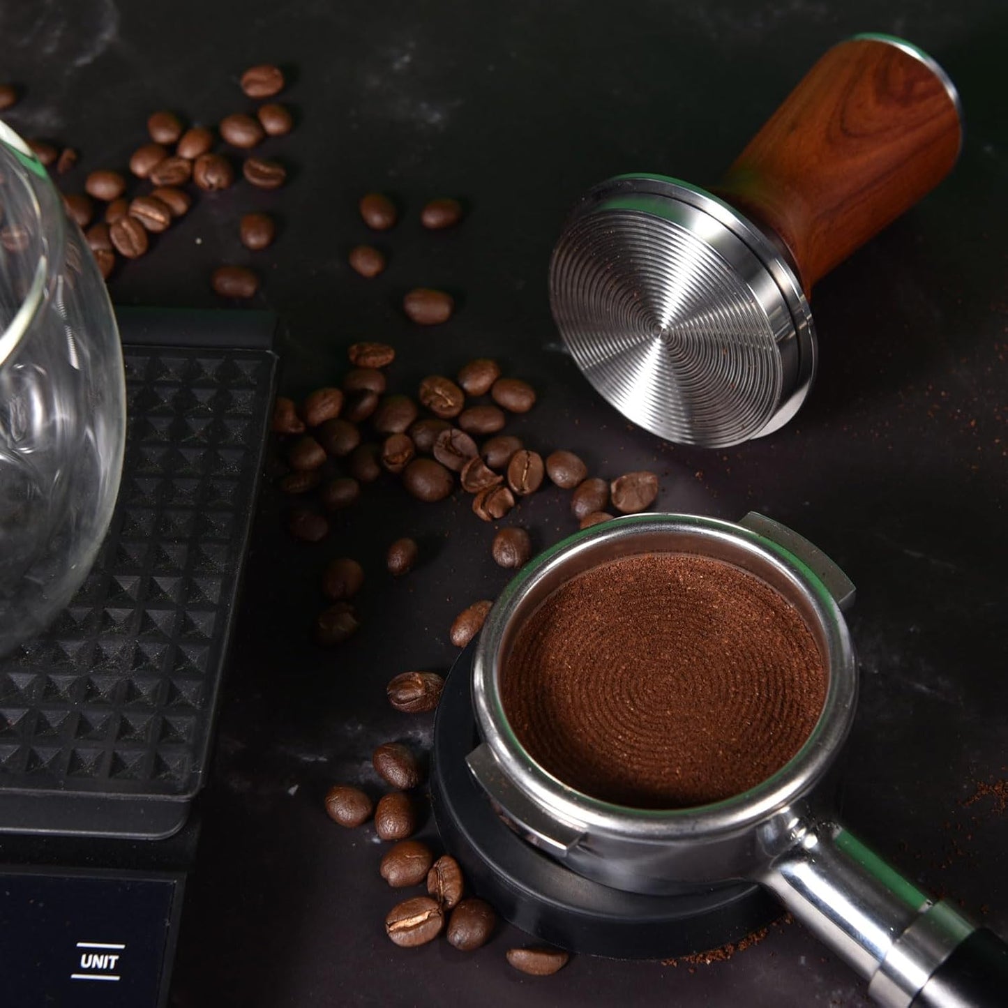 58.5mm Espresso Hand Tamper, Dual Calibrated Spring Loaded Coffee Tamper with Stainless Steel Ripple Base, Pro-barista 30lbs Espresso Tamper with Red Rosewood Handle Fits 58mm Portafilter