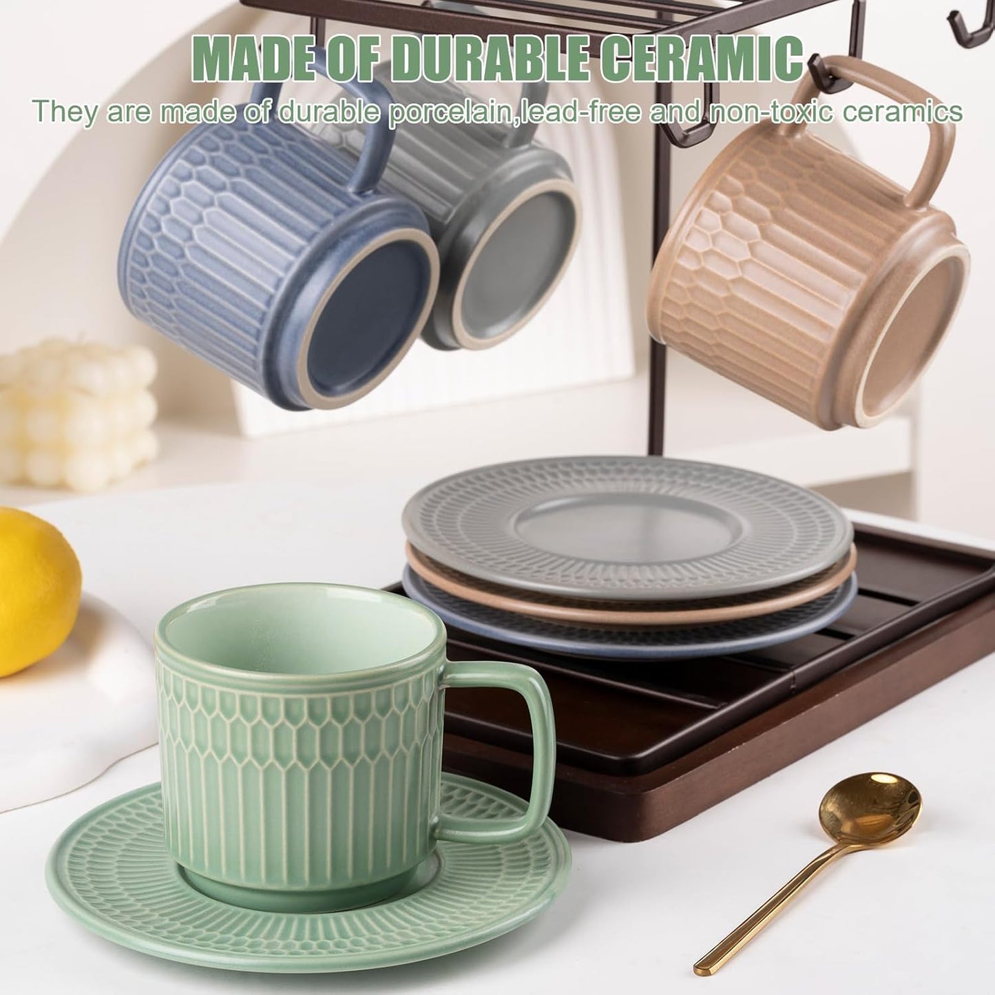 Large Cappuccino Cups with Saucers Set of 4, 8 Ounce Stackable Embossed Ceramic Coffee Mugs for Specialty Coffee Drinks, Latte, Cafe Mocha and Tea, Dishwasher & Microwave Safe (Mix)