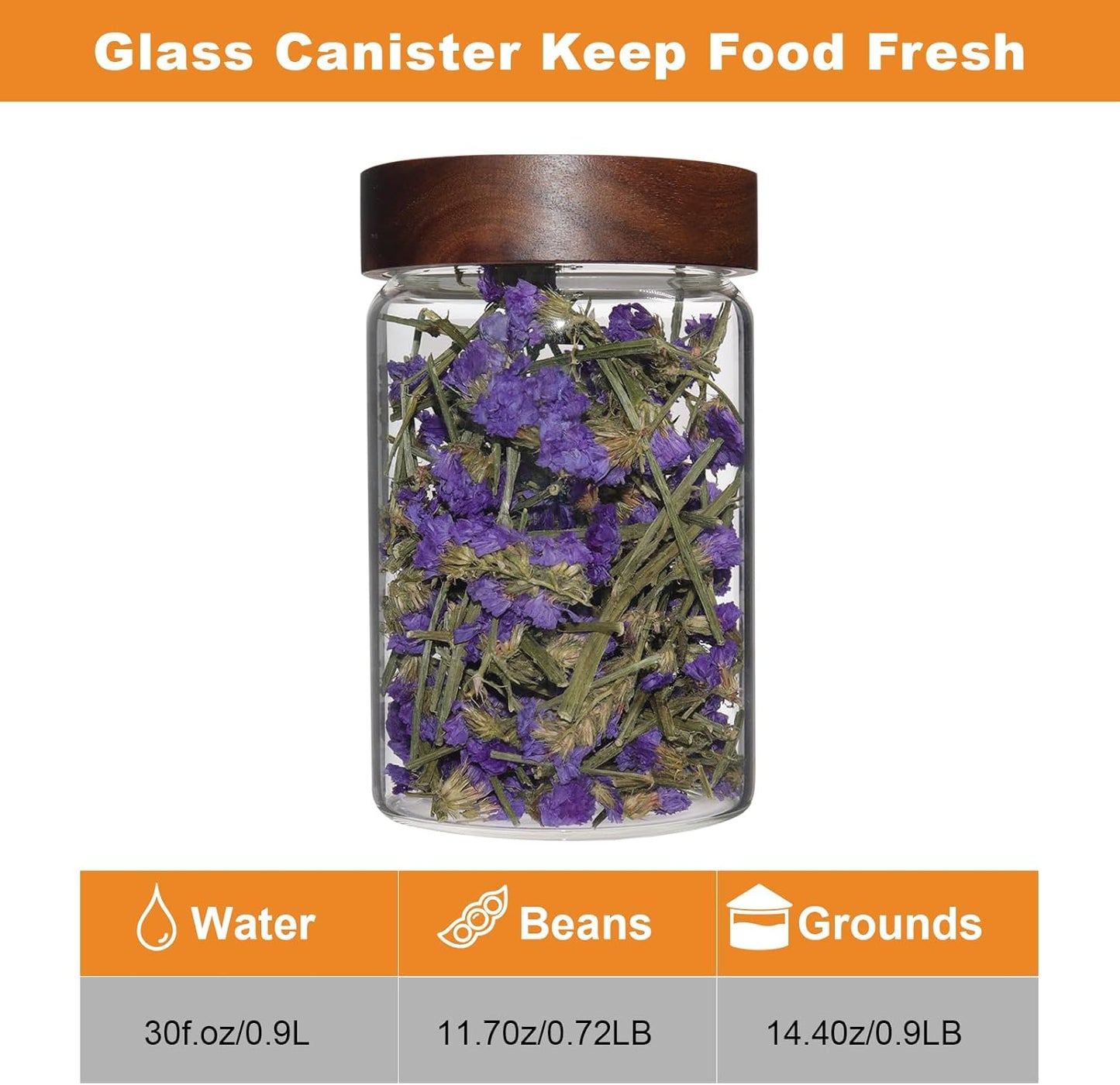 Glass Coffee Jars Spice Jar Round Storage Canister with Wooden Lid Clear Glass Food Jar for Pantry Sugar Tea Coffee Bean Spice Nuts Cookies Bath Salts (900ml/30oz-1 pack)