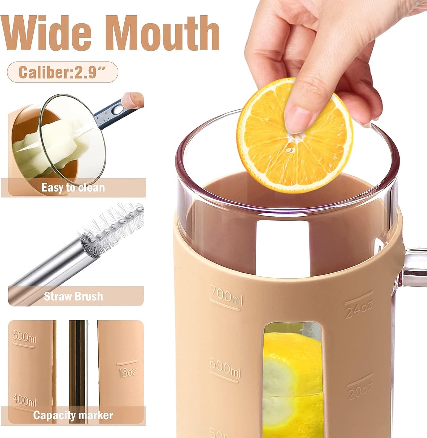 Kodrine Tumbler with Lid and Straw, 24 oz Glass Tumbler with Handle, Iced Coffee Cup Boba Smoothie Cup, Coffee Tumbler Water Tumbler Cups with Bamboo Lid Home Office Tumblers, Amber