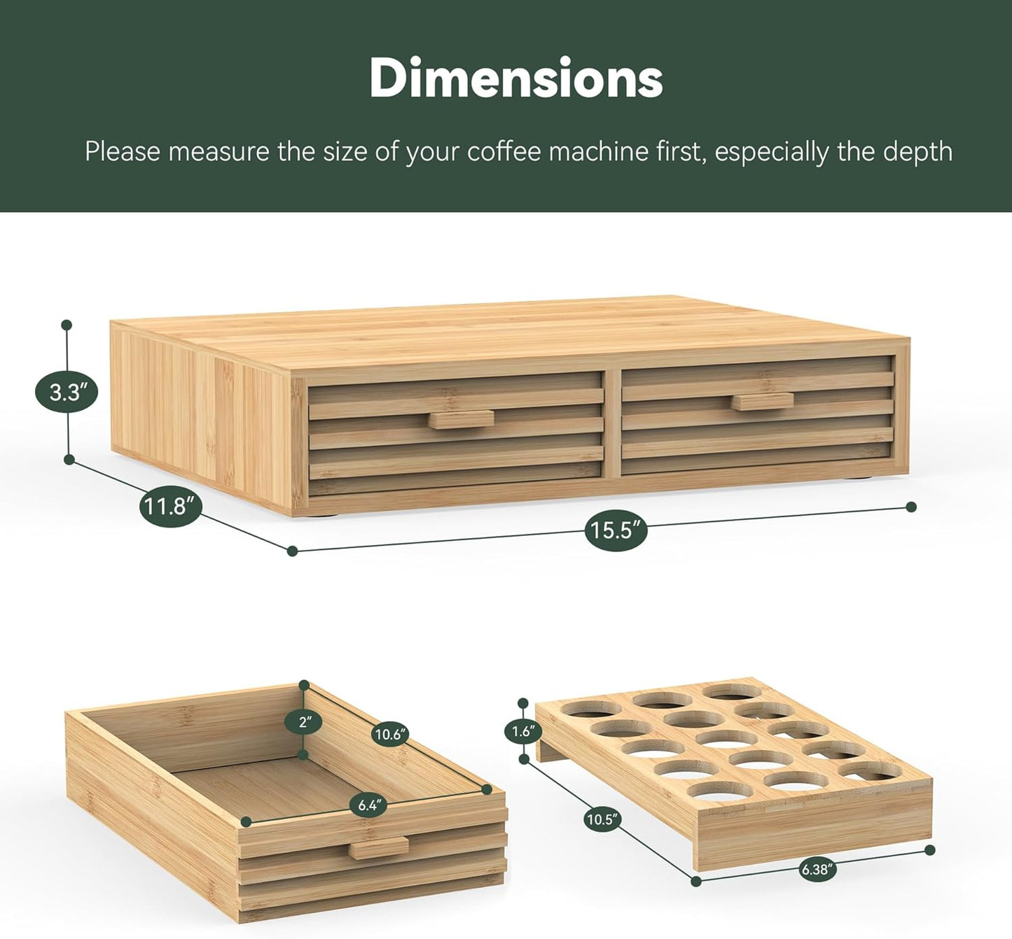 Bamboo K-Cup Pods Holder Organizer - 60 Pod Capacity with 2 Sliding Drawers & 2 Coffee Pod Holder Inserts, Elegant Tea Bag Storage Box for Home, Office & Kitchen Countertop (39.4"x8.2"x8.2")