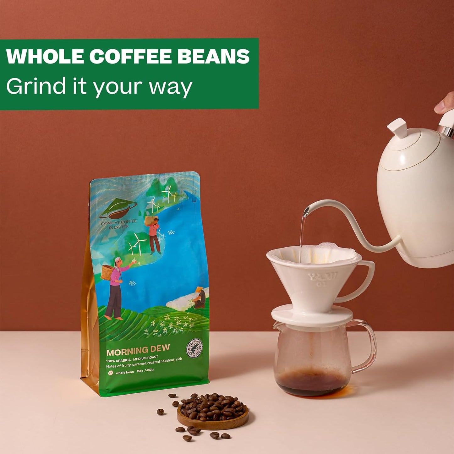 Conihat Whole Bean Coffee - 100% Vietnamese Premium Arabica, Medium Roast, Fruity, Caramel & Hazelnut Notes, Rich & Smooth, Low Acid, Single Origin, Hand-Picked,16 Oz Bag