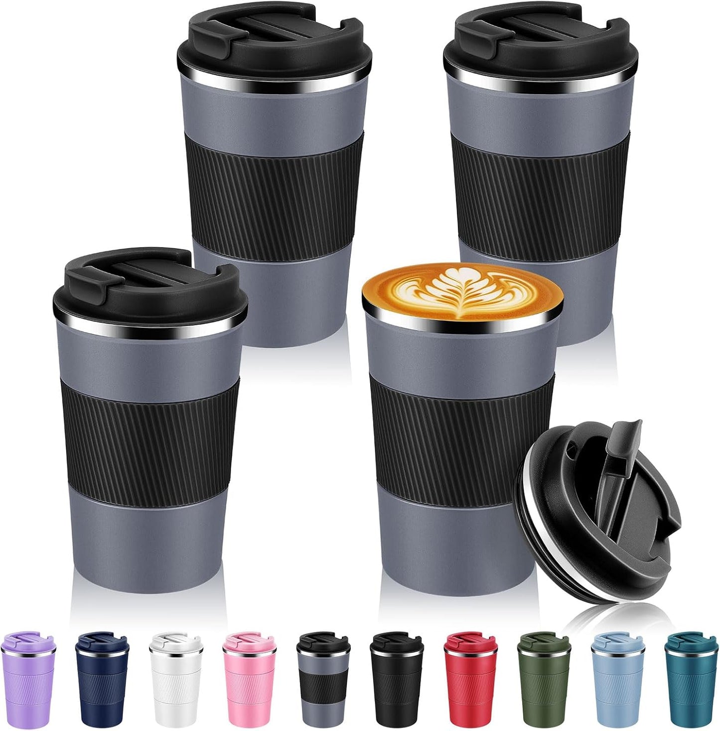 Volhoply 13 oz Stainless Steel Insulated Travel Coffee Mug with Fip Lid Bulk 4 Pack,Reusable Double Wall Vacuum Metal Coffee Cup,Portable Leak Proof Thermal Tumbler for Hot & Cold Drinks(Gray,4)