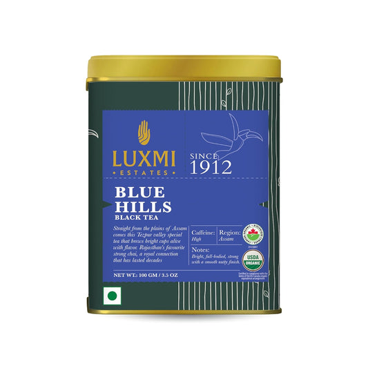 Luxmi Estates - Blue Hills - Organic CTC Assam Black Tea - Loose Leaf - 100g (50 Cups) | Jodhpur Blend - Rajasthan's Favorite Chai | Strong Cup of Original Indian Chai Tea - No Spices