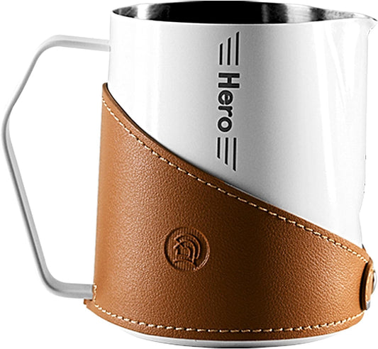 Milk Frothing Pitcher 450ml/16oz 304 Stainless Steel Espresso Steaming Pitcher with PU Leather, Milk Frothing Jug,milk frother cup,Milk Jug Cup,Premium Barista Tools,Latte Art (WHITE,20oz)