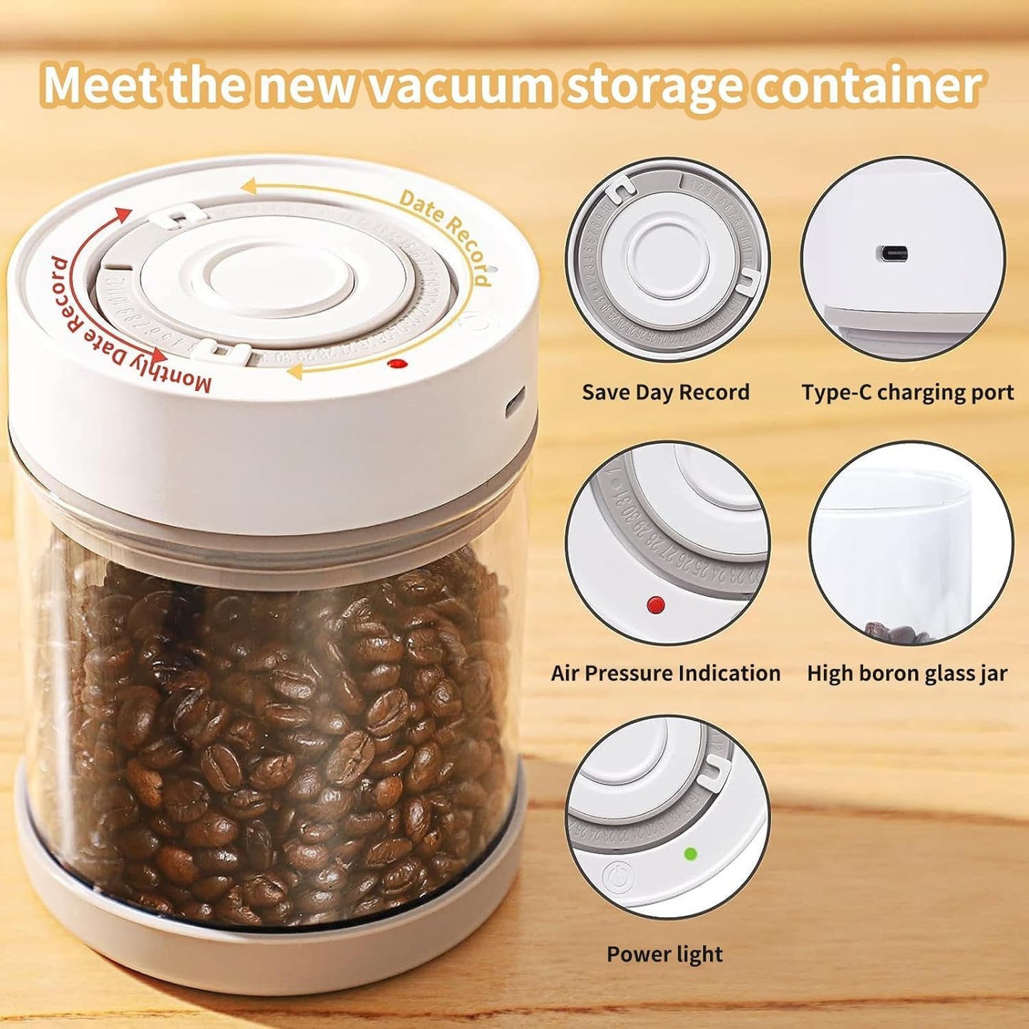 Minidiva Smart Vacuum Container, Automatic Electric Airtight Glass Jar for Food Coffee Storage Meal Prep (White-1350ml-1)