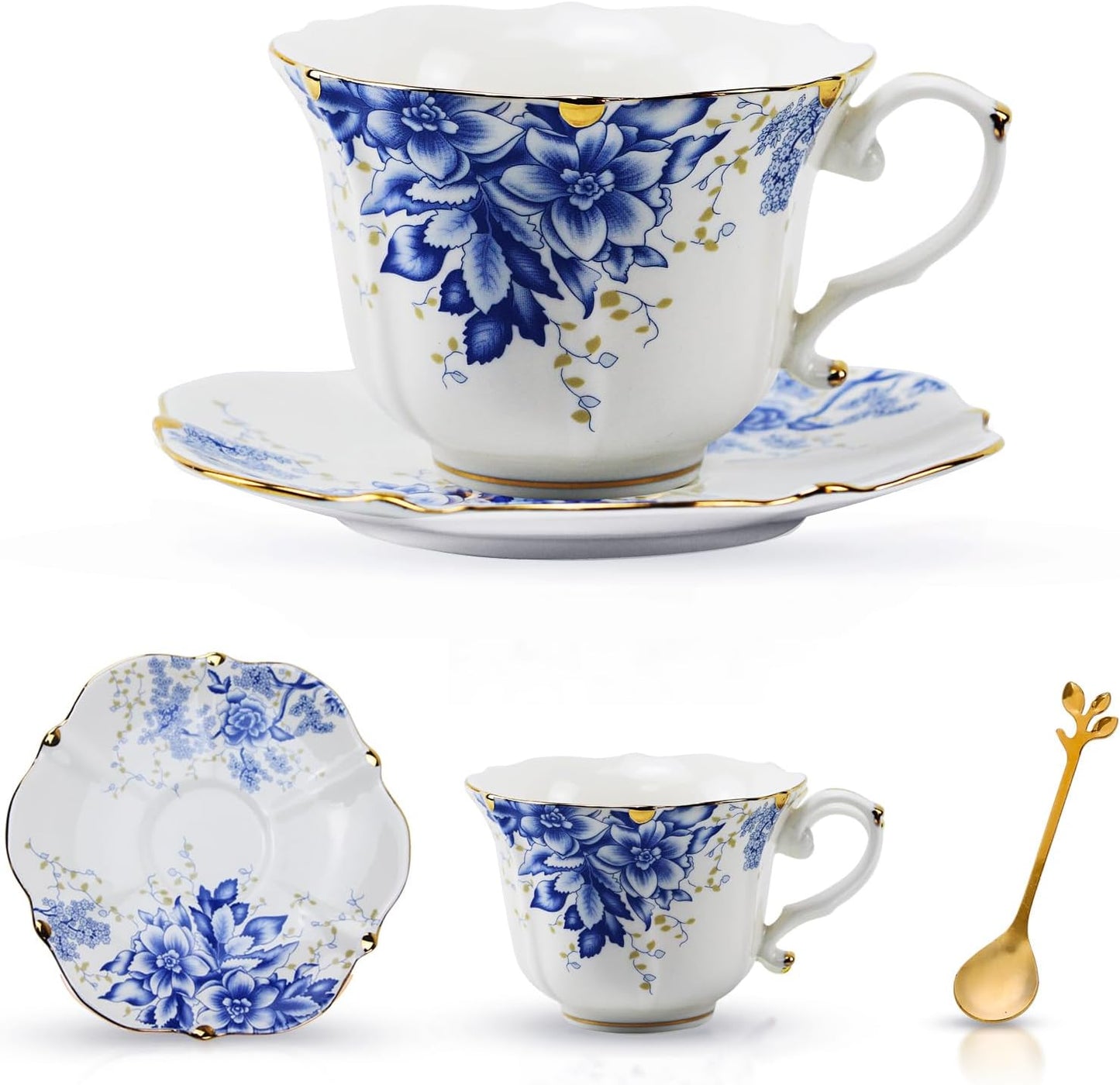 TATSUMI Country Roses Bone China Tea Cup and Saucer Set, 3 Pieces, Vintage Style, For Women and Tea Parties(Rose Blue,1 Set)